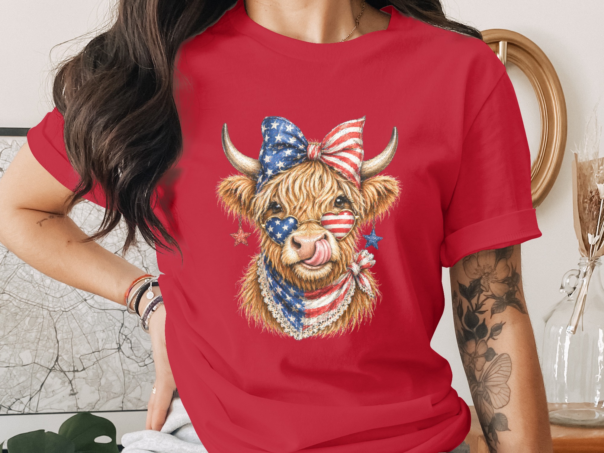 Patriotic Highland Cow T-Shirt - USA Flag Country Tee - Image 2