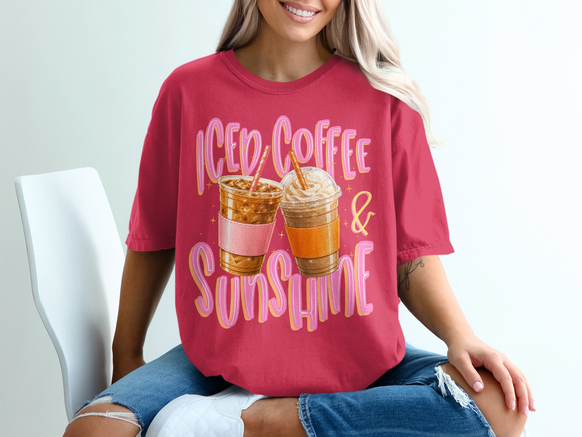 Iced Coffee Sunshine T-Shirt, Summer Vibes Gift, Coffee Lover Aesthetic Tee, Cute Caffeine Graphic Shirt, Women's Trendy Top - Image 14