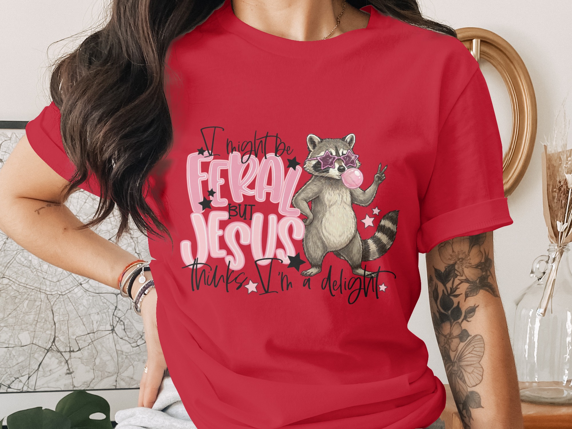 Feral Jesus Delight T-Shirt, Raccoon Graphic Tee, Funny Christian Shirt, Sarcastic Faith Top, Wild Girl Gift, Cute Animal Lover Tee, Quirky - Image 4
