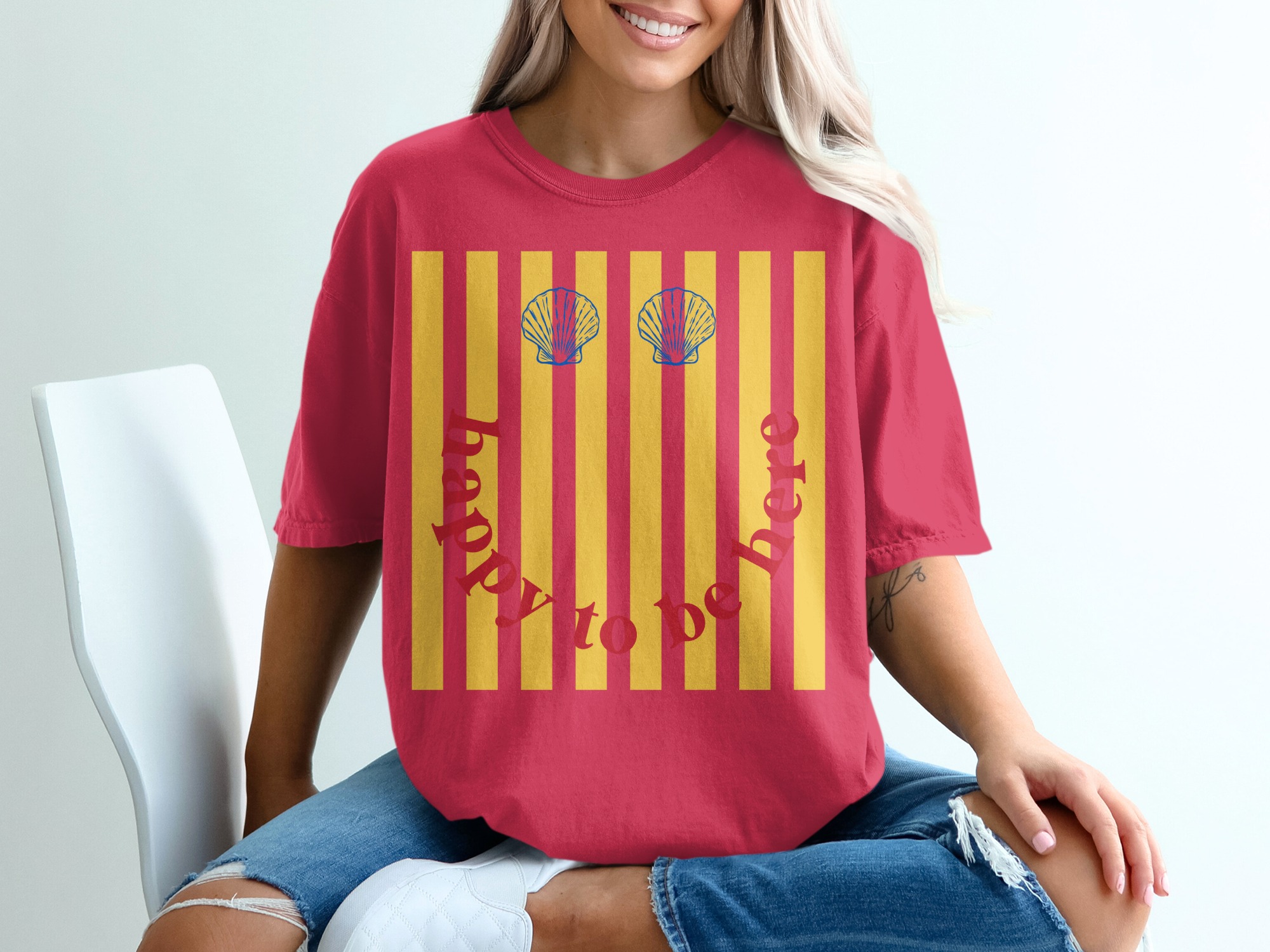 Happy To Be Here T-Shirt, Retro Smiley Face Beach Tee, Seashell Stripe Summer Vacation Shirt, Positive Vibes Graphic Top - Image 14