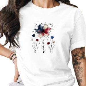 Patriotic Floral America Watercolor T-Shirt | Faith Freedom Pride Shirt | 4th of July Independence Day Tee | American Flag Flower