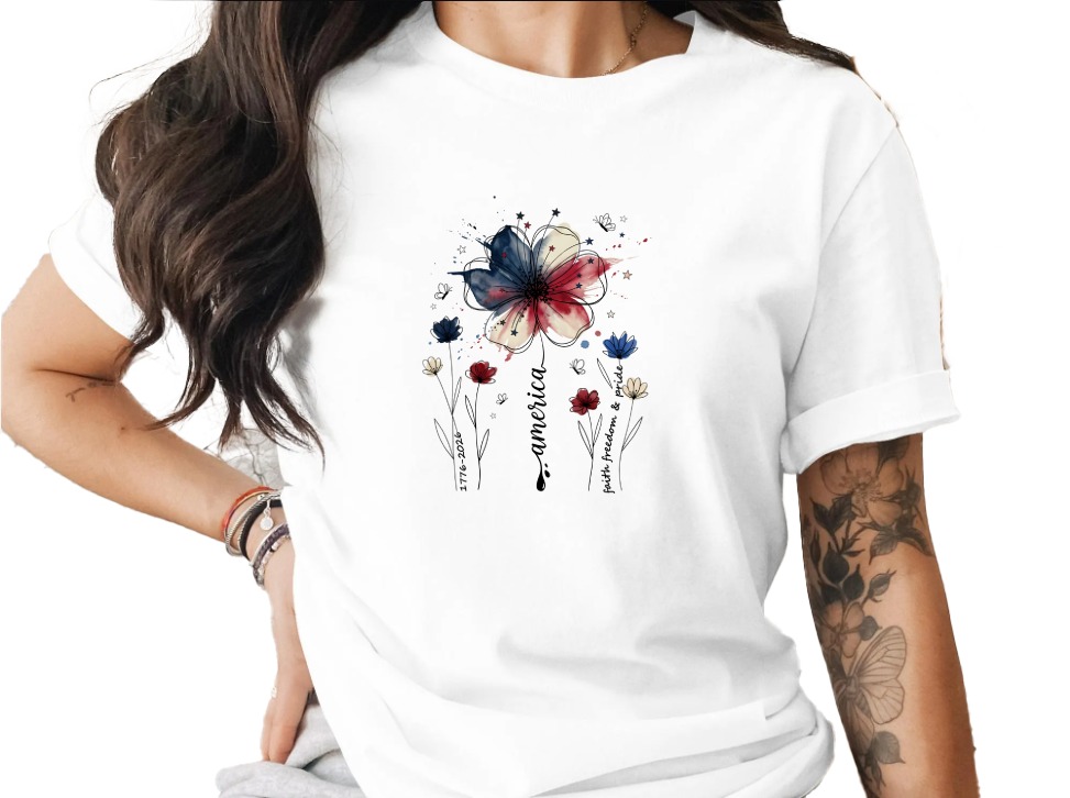 Patriotic Floral America Watercolor T-Shirt | Faith Freedom Pride Shirt | 4th of July Independence Day Tee | American Flag Flower