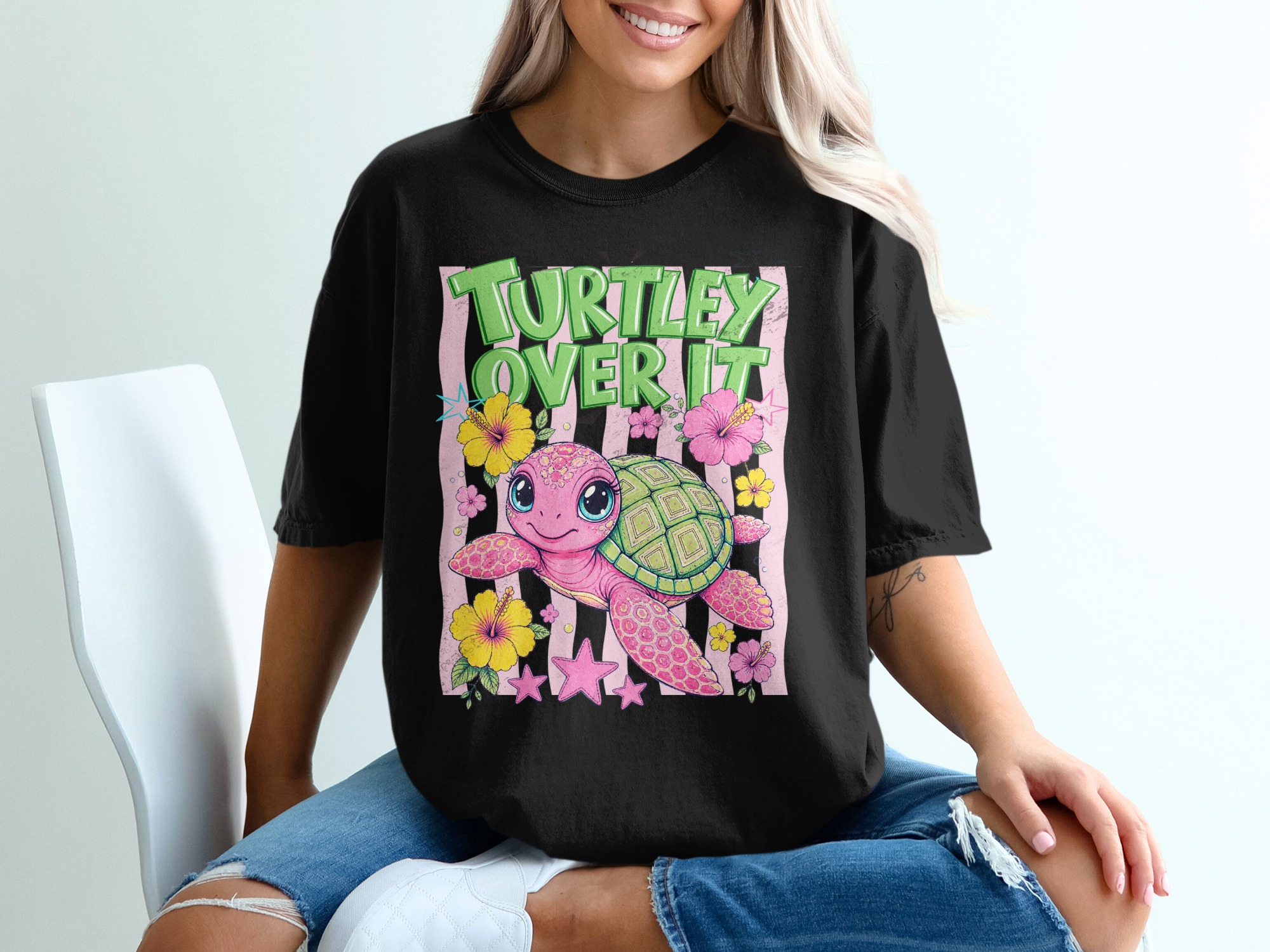 Turtley Over It Comfort Colors ® T-Shirt, Cute Sea Turtle Graphic Tee, Tropical Hibiscus Flower, Funny Beach Vacation Summer Shirt, Gift for - Image 2