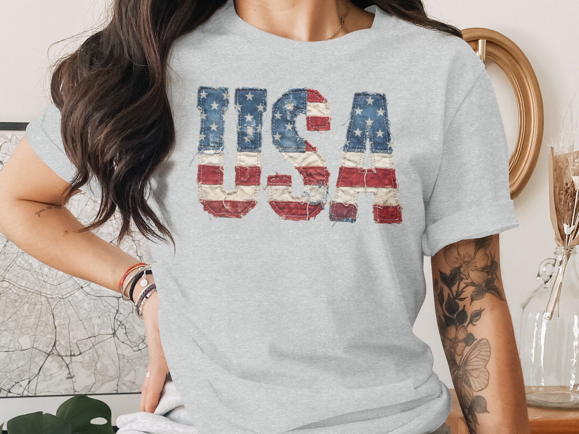 Distressed USA Flag T-Shirt, Patriotic American Tee, Vintage Denim Effect, 4th of July Outfit, Americana Gift