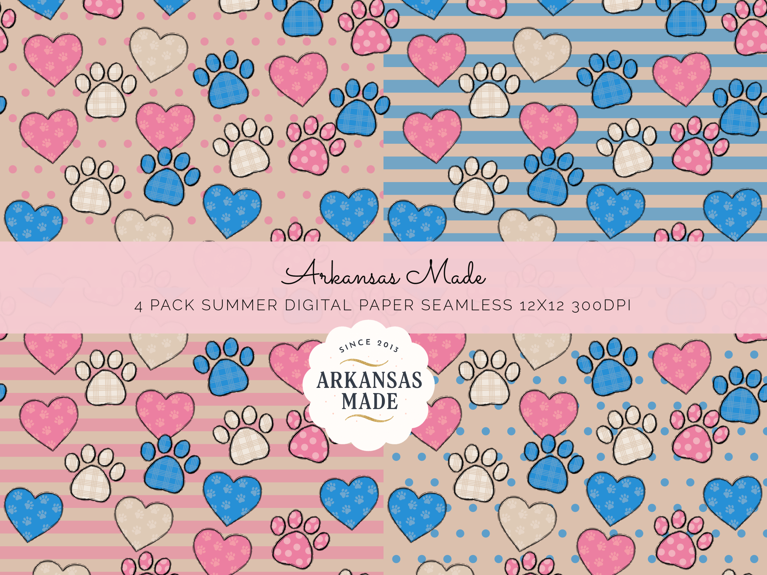 Set of 4 Paw Print Heart Digital Seamless Paper Pack | Cute Pet Lover Scrapbook Pattern | Pink Blue Pastel Background Commercial Use - Image 2