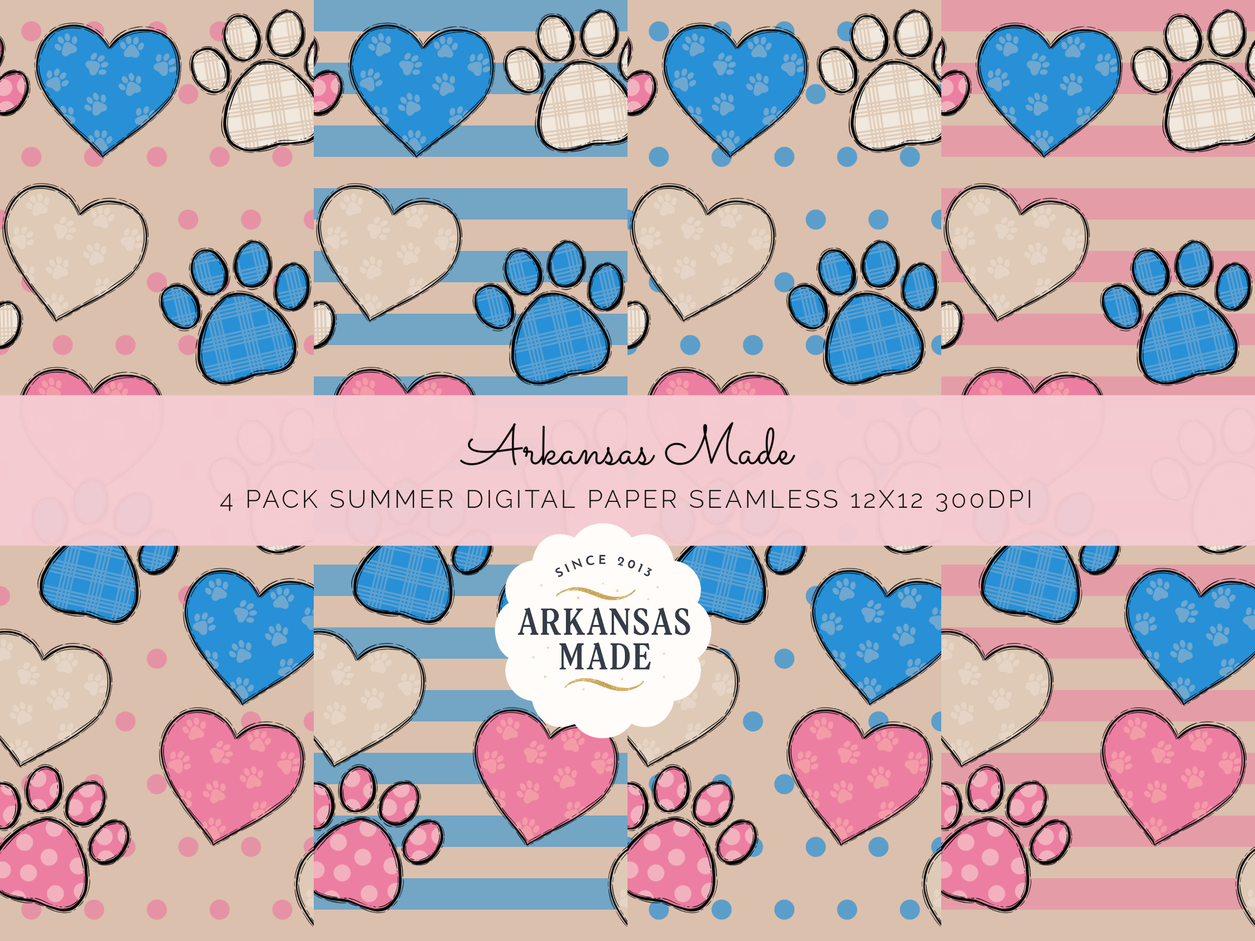 Set of 4 Paw Print Heart Digital Seamless Paper Pack | Cute Pet Lover Scrapbook Pattern | Pink Blue Pastel Background Commercial Use