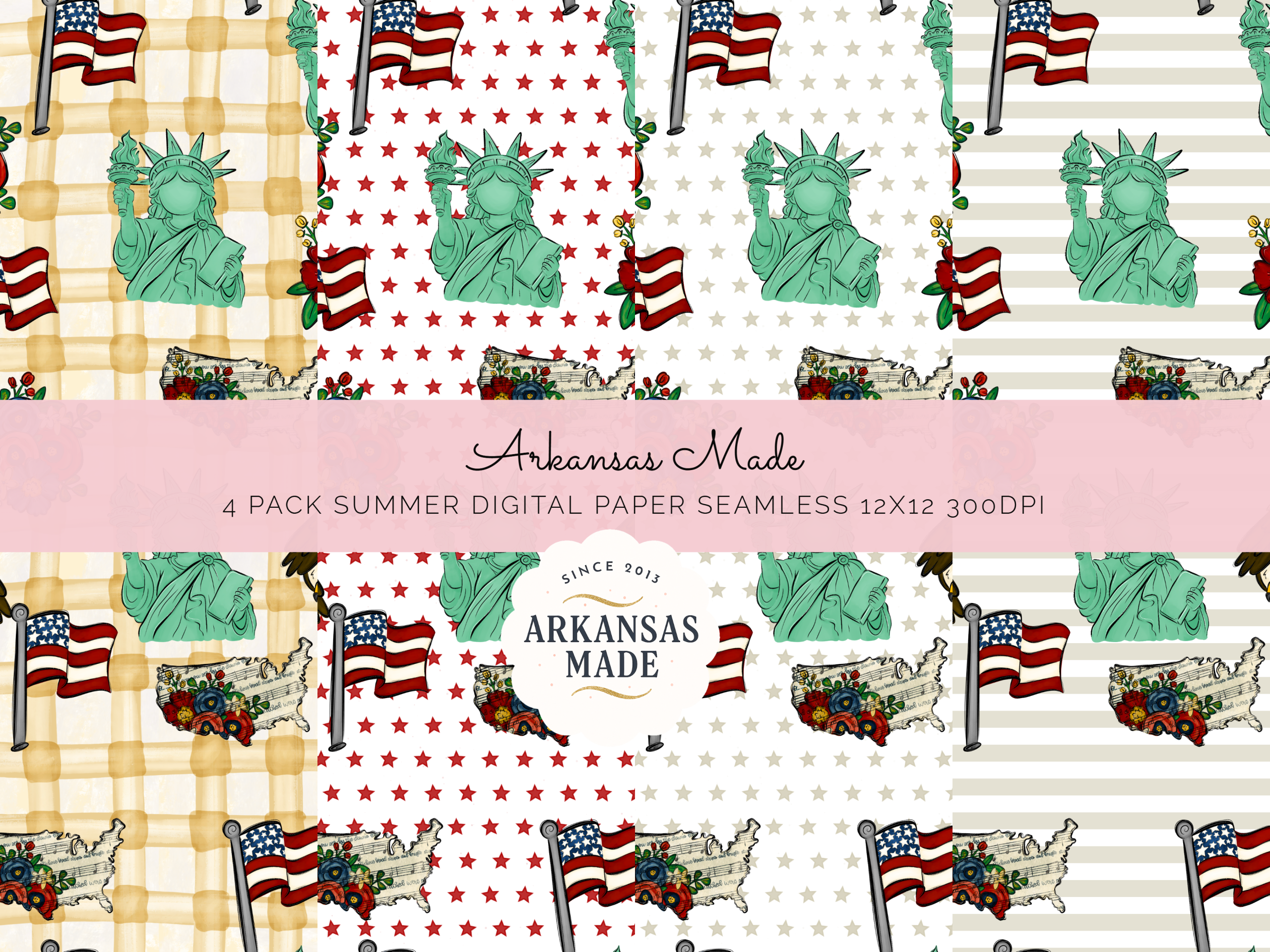 Patriotic Digital Seamless 4 Paper Pack | 4th of July Americana Patterns | Summer Scrapbook USA Backgrounds | Eagle, Liberty, Flag, Floral - Image 2