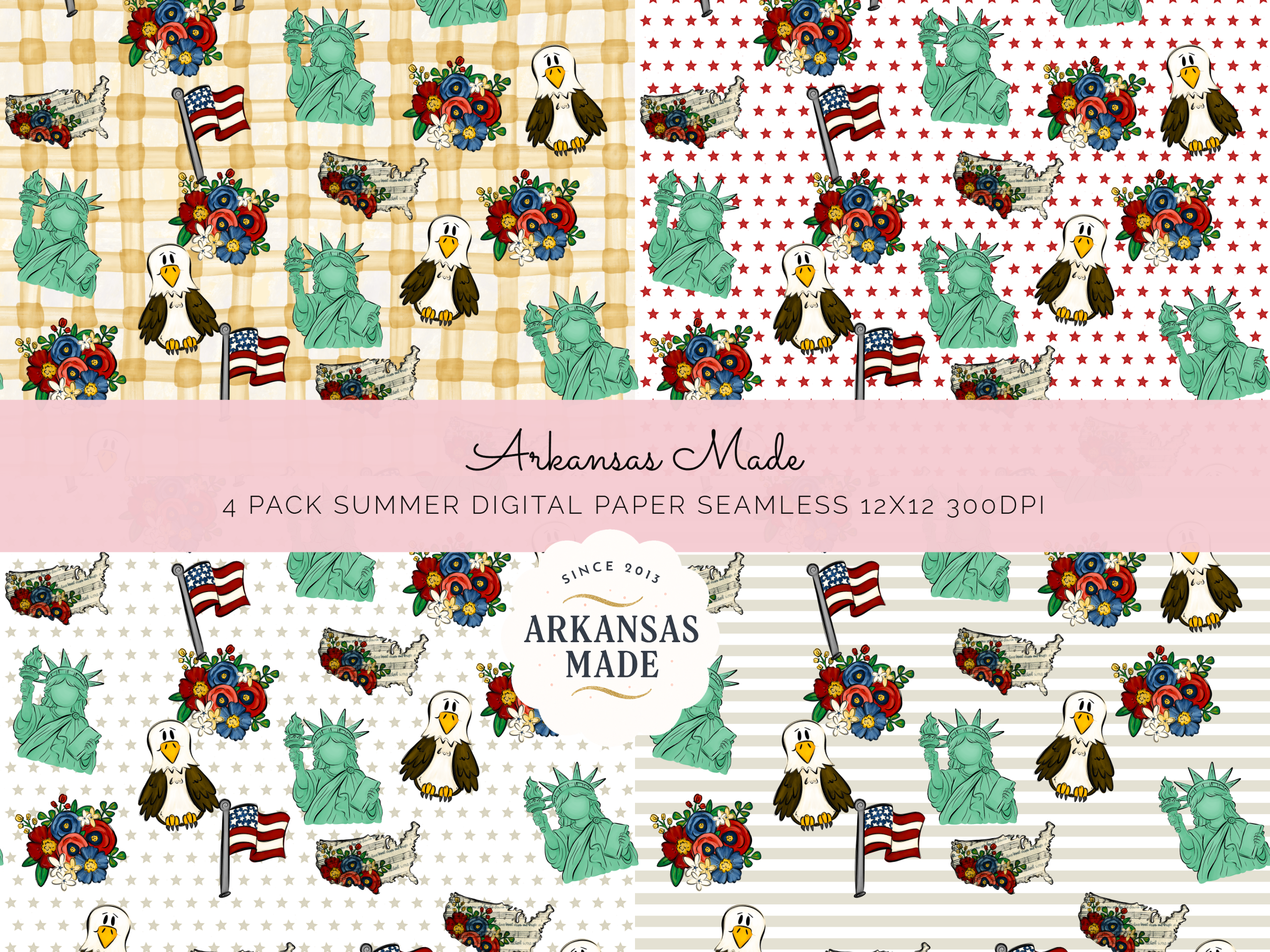 Patriotic Digital Seamless 4 Paper Pack | 4th of July Americana Patterns | Summer Scrapbook USA Backgrounds | Eagle, Liberty, Flag, Floral