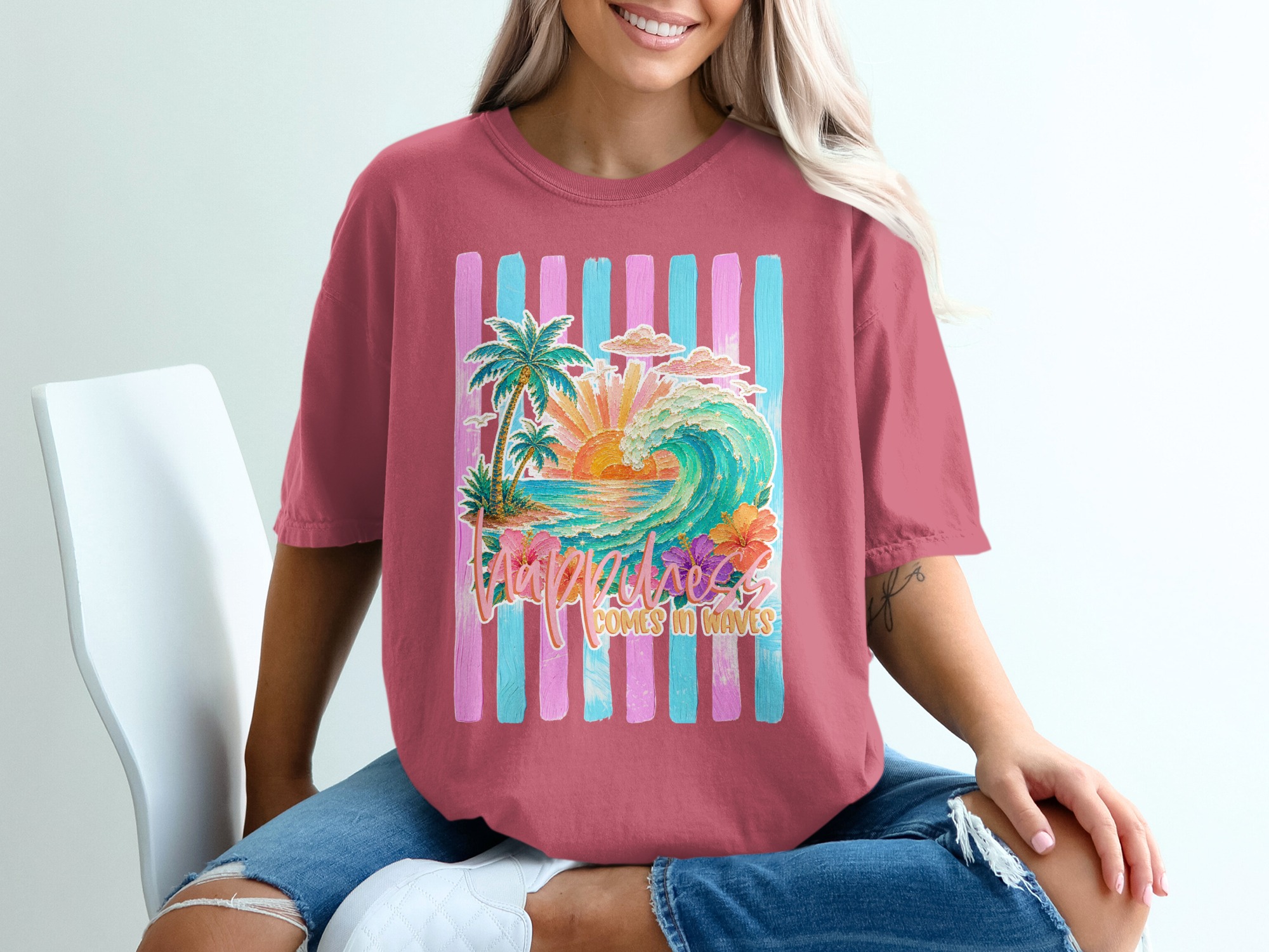 Comfort Colors ® Happiness Comes in Waves T-Shirt, Tropical Sunset Beach Wave Graphic Tee, Vacation Shirt, Ocean Lover Gift for Her, Summer - Image 15