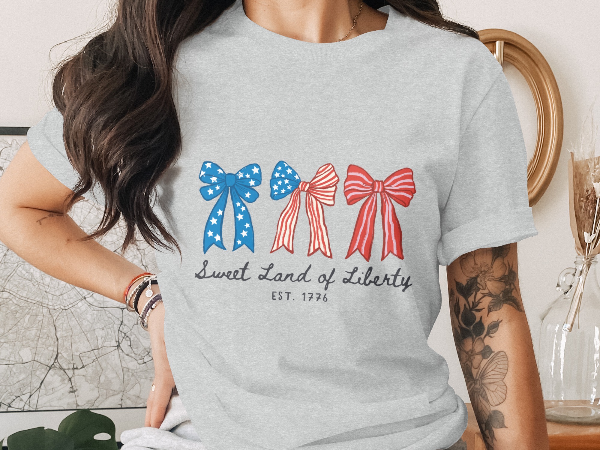 Patriotic Bows T-Shirt, Sweet Land of Liberty Shirt, 4th of July Tee, Distressed Americana Shirt, Vintage Style USA Top, Independence Day - Image 2