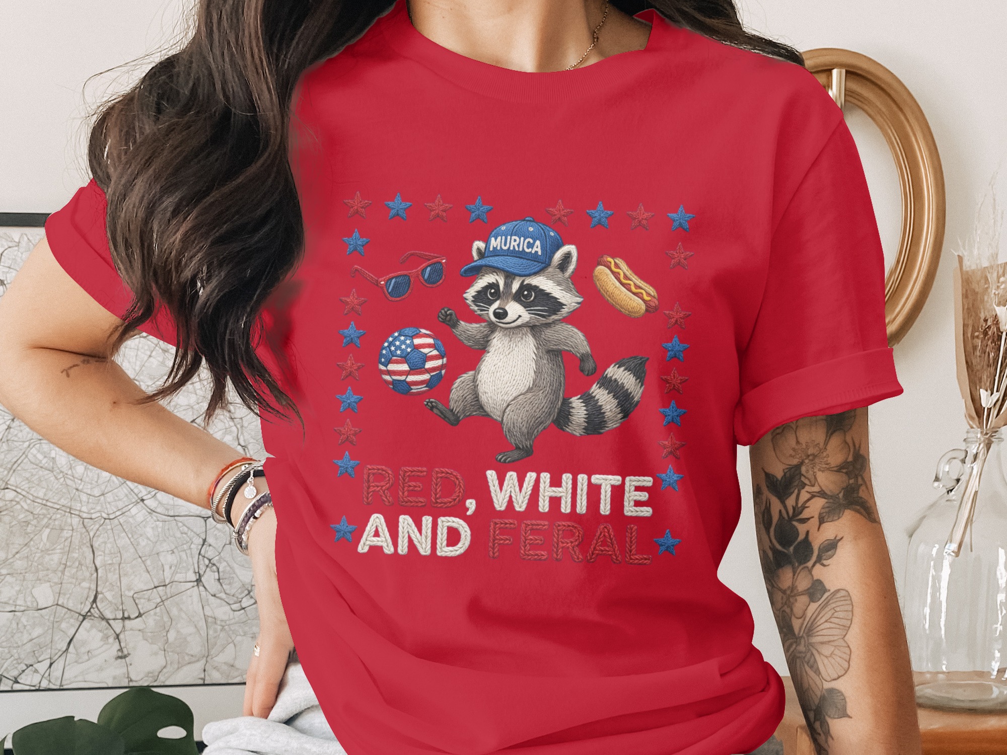 Red White and Feral Raccoon T-Shirt | Patriotic Murica Tee | Funny 4th of July Shirt | Raccoon Lover Gift | USA Holiday Outfit - Image 4