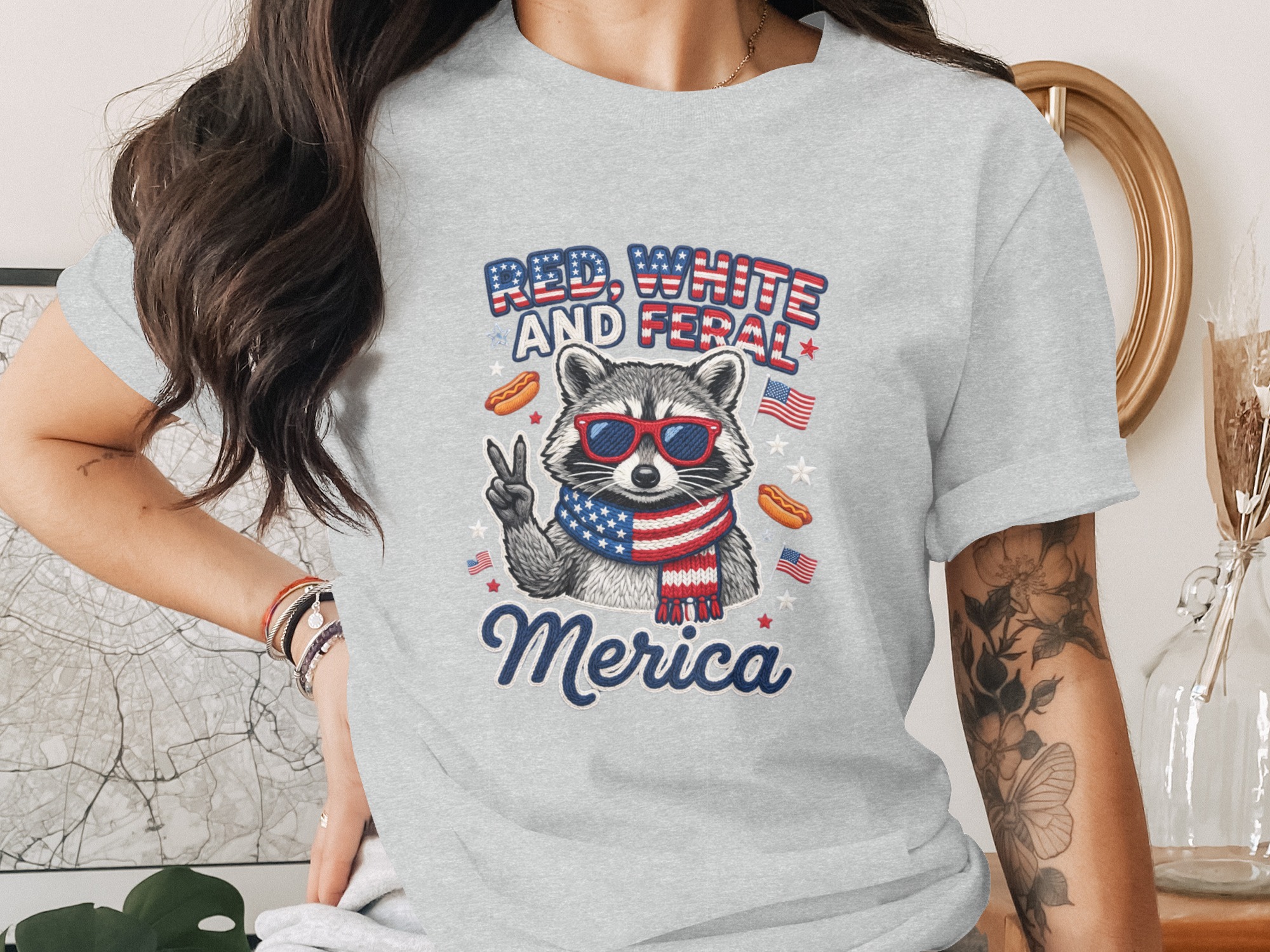 Red White and Feral Merica Raccoon T-Shirt, Funny Patriotic 4th of July Tee, American Flag Animal Shirt, Summer Party Gift - Image 2