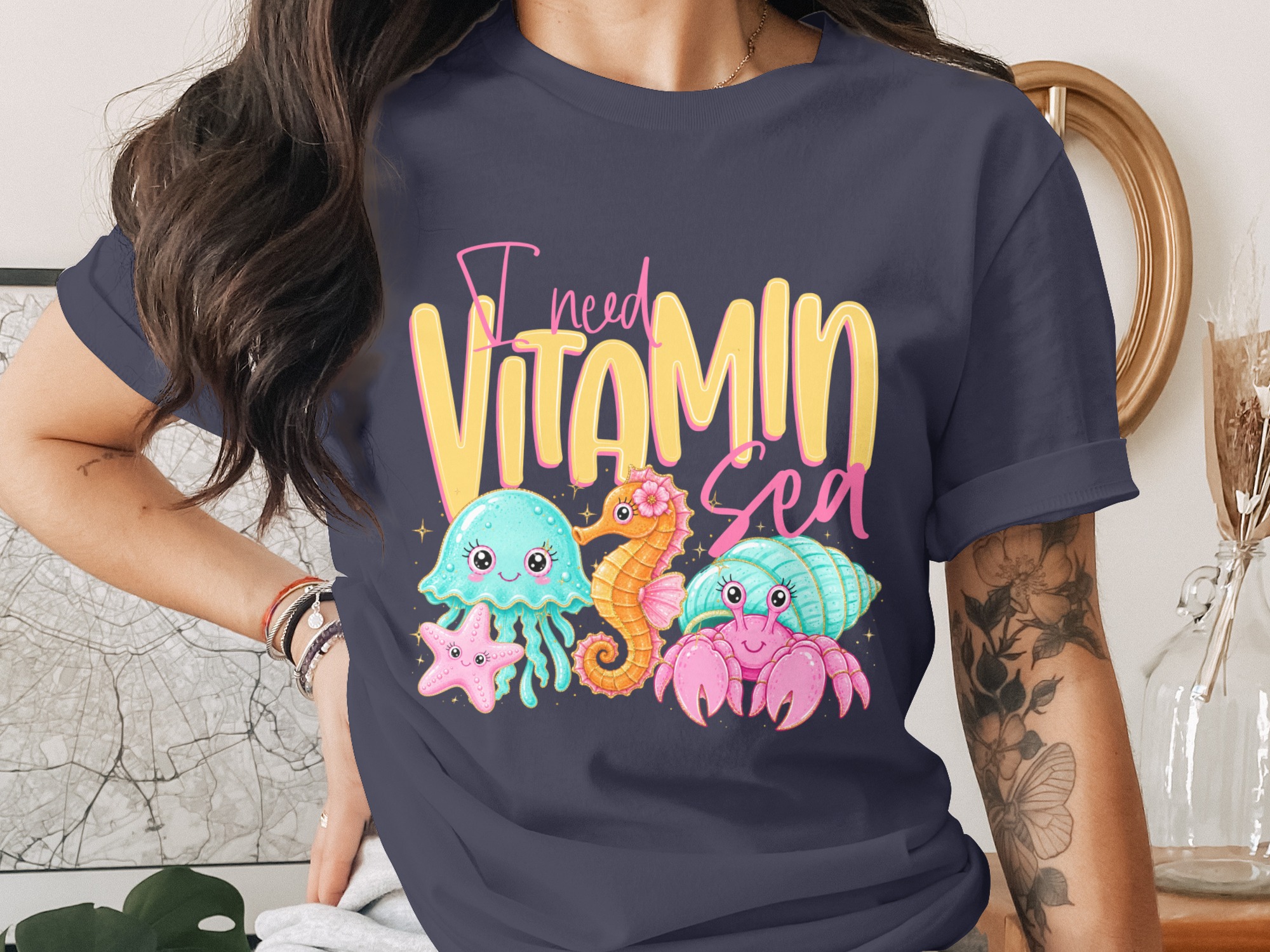 Vitamin Sea T-Shirt, Cute Ocean Lover Tee, Kawaii Beach Vacation Shirt, Faux Glitter Sea Creature Top, Summer Vibes Gift for Her - Image 3
