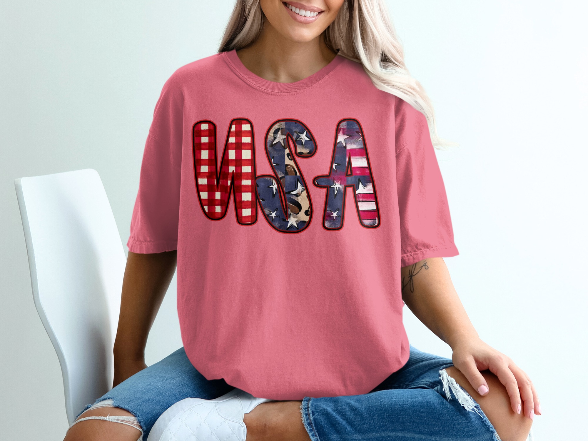 USA T-Shirt, Patriotic 4th of July Shirt, Distressed Buffalo Plaid Leopard Print America Tee, Memorial Day Gift for Her - Image 16