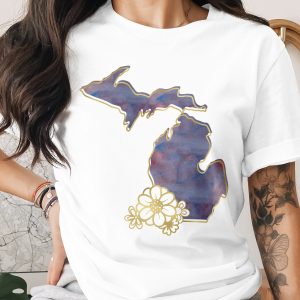 Michigan State Watercolor T-Shirt, Faux Gold Floral Michigander Tee, Aesthetic Home State Shirt, Gift for Her, Michigan Lover Souvenir Top