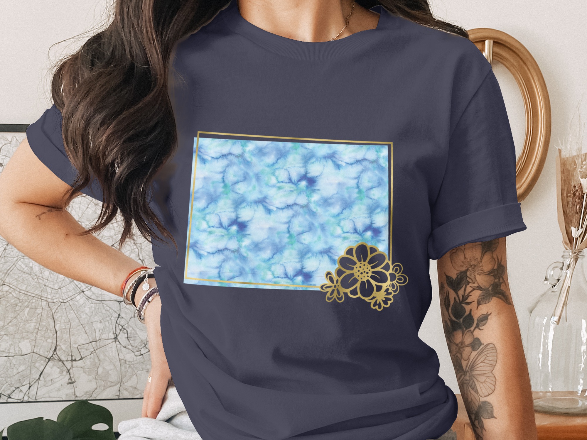 Watercolor Faux Gold Floral T-Shirt, Boho Blue Ombre Tee, Artistic Nature Lover Top, Elegant Flower Shirt, Trendy Unique Gift for Her - Image 2