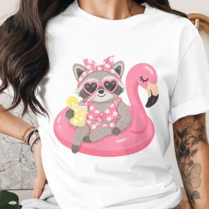 Cute Raccoon Flamingo Float Summer T-Shirt