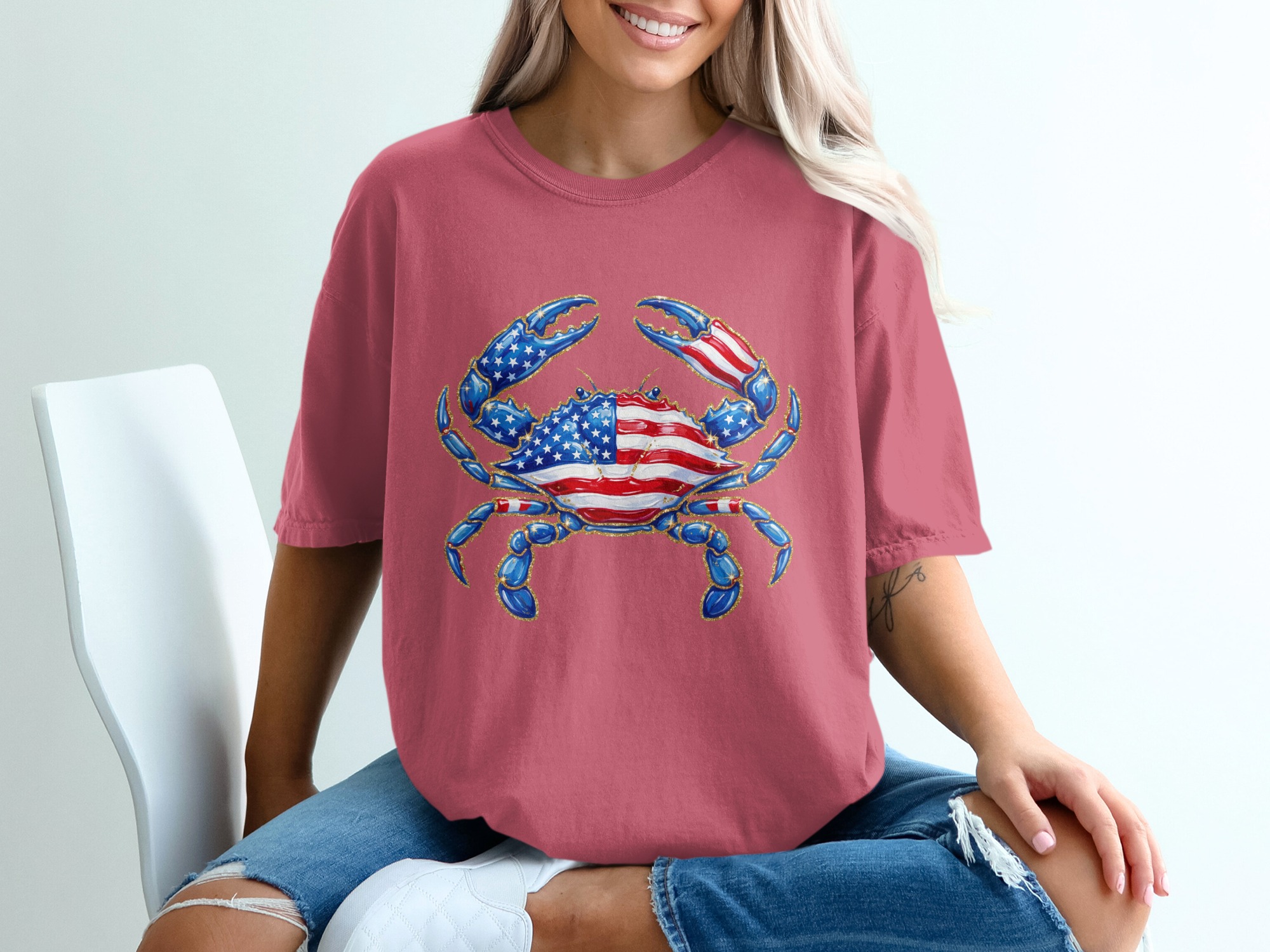Patriotic Crab T-Shirt, American Flag Glitter Effect Crab Tee, Fourth of July Summer Top, USA Pride Coastal Crab Lover Gift - Image 15