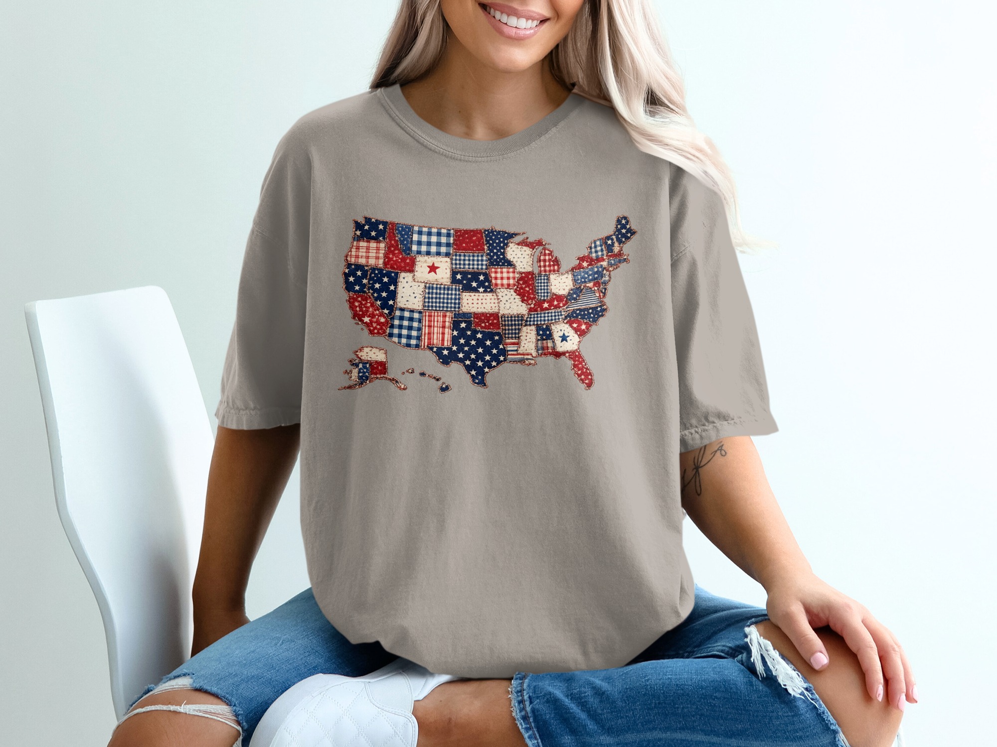 Patriotic USA Map T-Shirt, Americana Quilt Print Tee, Distressed American Flag Shirt, 4th of July Outfit, Veteran Gift Idea - Image 11