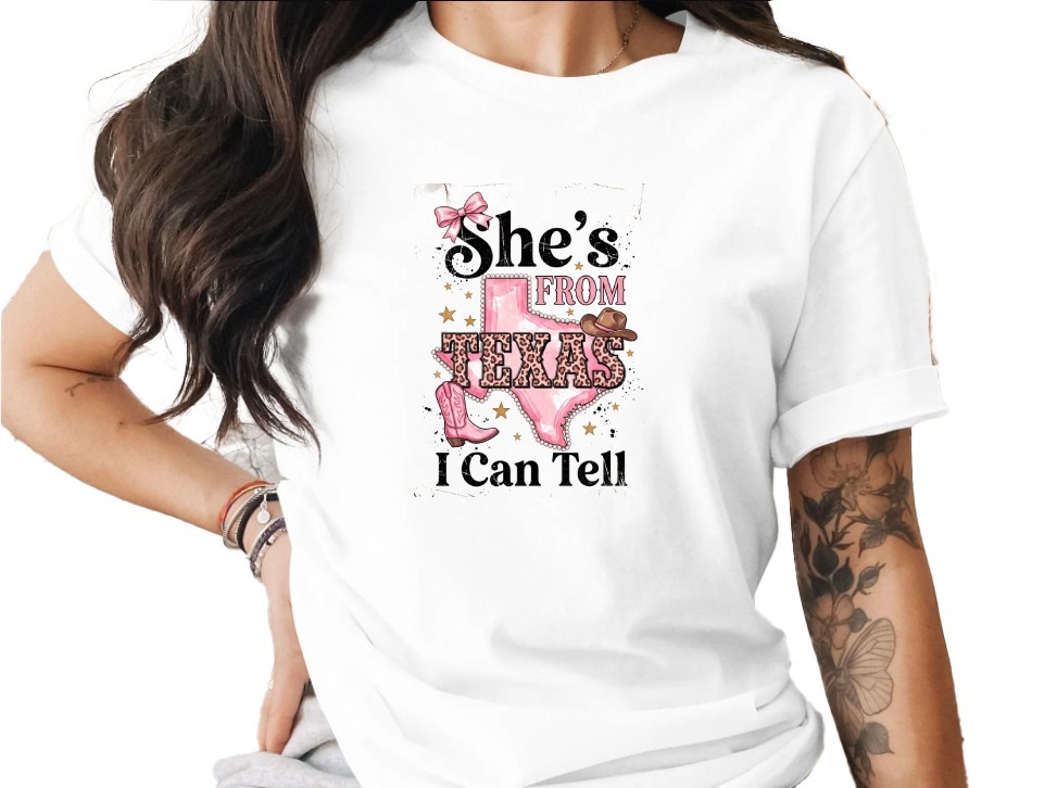 She's From Texas I Can Tell T-Shirt | Pink Leopard Print Texas Tee | Southern Cowgirl Shirt | Texas Pride Gift for Her | Western Style Texas