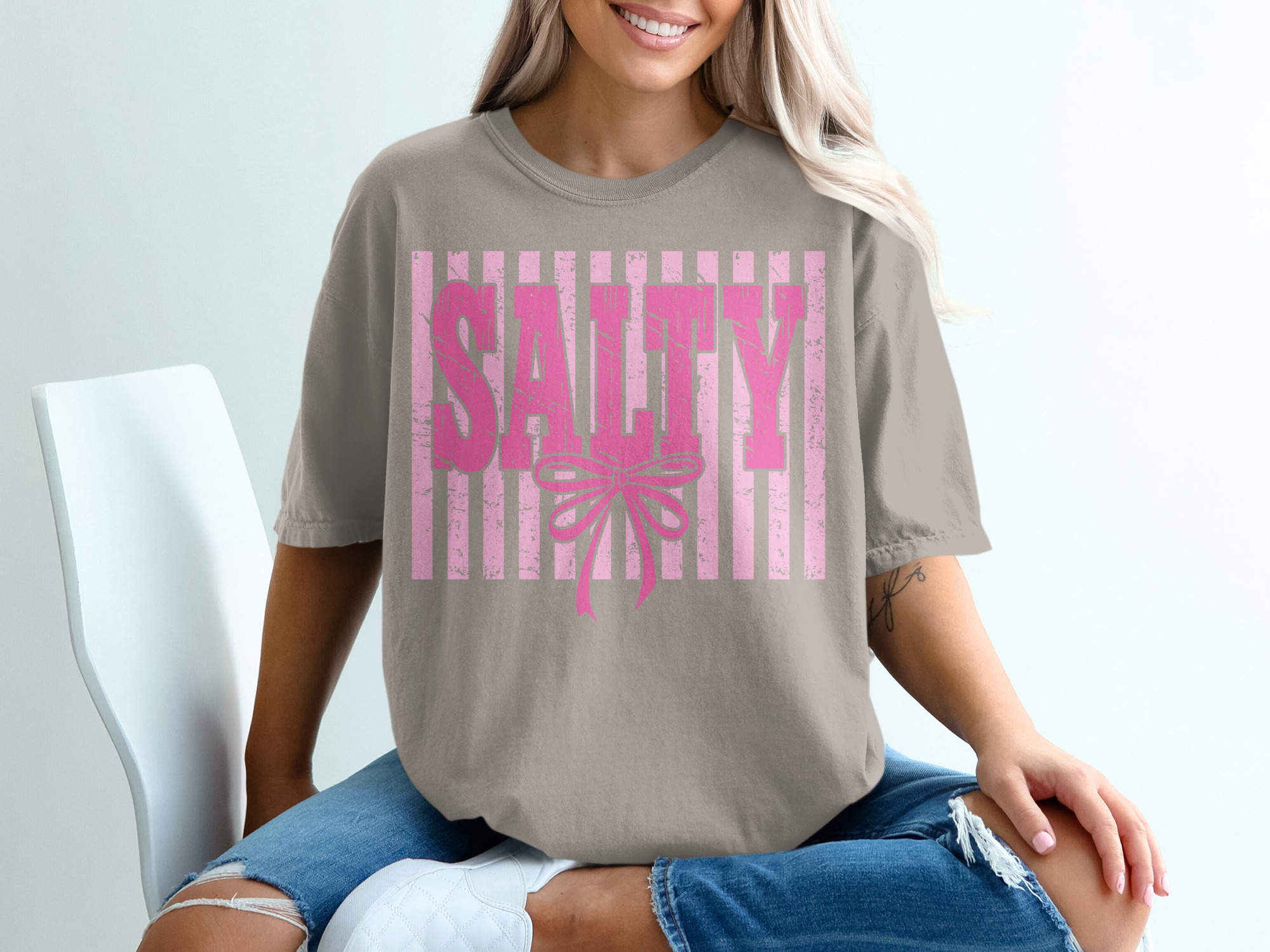 Salty T-Shirt, Pink Salty Tee with Faux Distressed Bow, Sassy Girly Graphic Top, Coquette Aesthetic Shirt, Cute Humorous Gift for Her - Image 11
