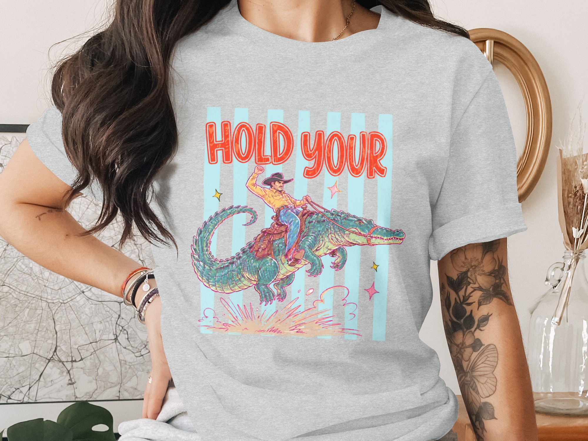 Hold Your Alligator Cowboy T-Shirt, Funny Rodeo Western Tee, Unique Vintage Comic Art Gift For Him, Southern Badass Graphic Shirt - Image 2