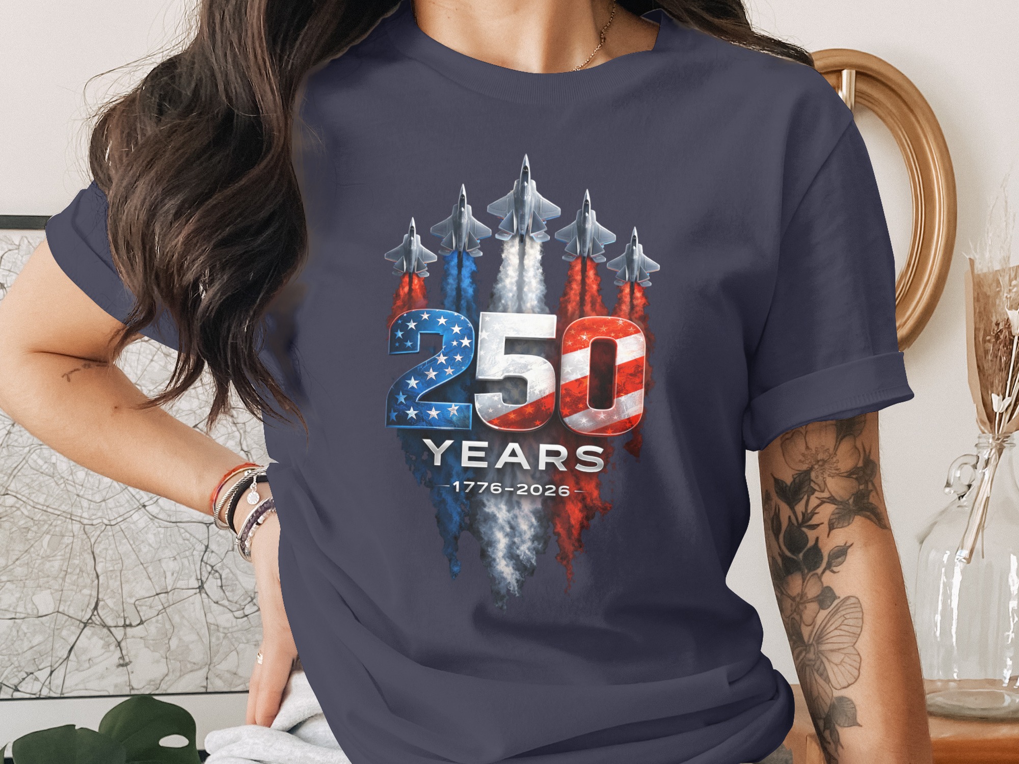 250 Years American Anniversary T-Shirt | Patriotic USA 1776-2026 Celebration Tee | Military Jet Flag Design Gift - Image 3