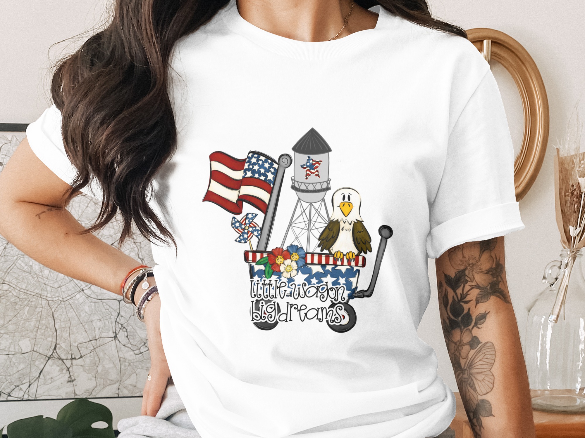 Patriotic T-Shirt Americana Eagle Flag Design, Little Wagon Big Dreams Tee, 4th of July Outfit, Memorial Day Gift for Her