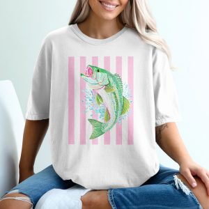 Vibrant Bass Fishing T-Shirt, Comfort Colors ®, Leaping Fish Coastal Graphic Tee, Unique Fisherwoman Gift, Summer Preppy Style, Striped