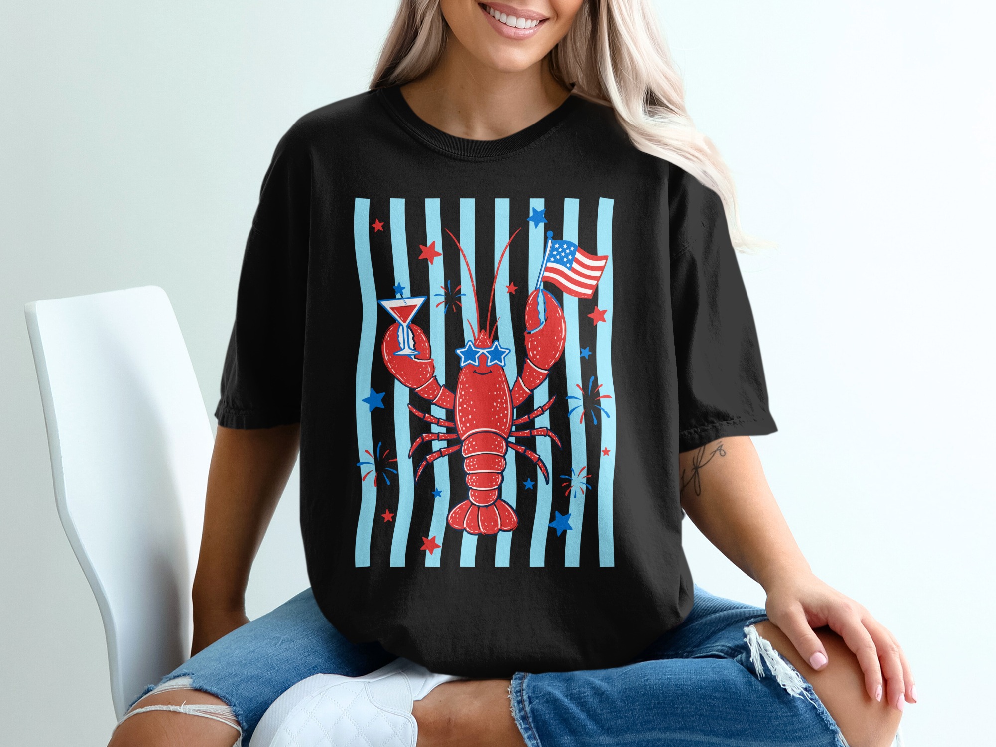 Comfort Colors® Patriotic Lobster T-Shirt, Funny 4th of July Tee, Summer Coastal Vacation Shirt, USA Flag Lobster Party Top - Image 8