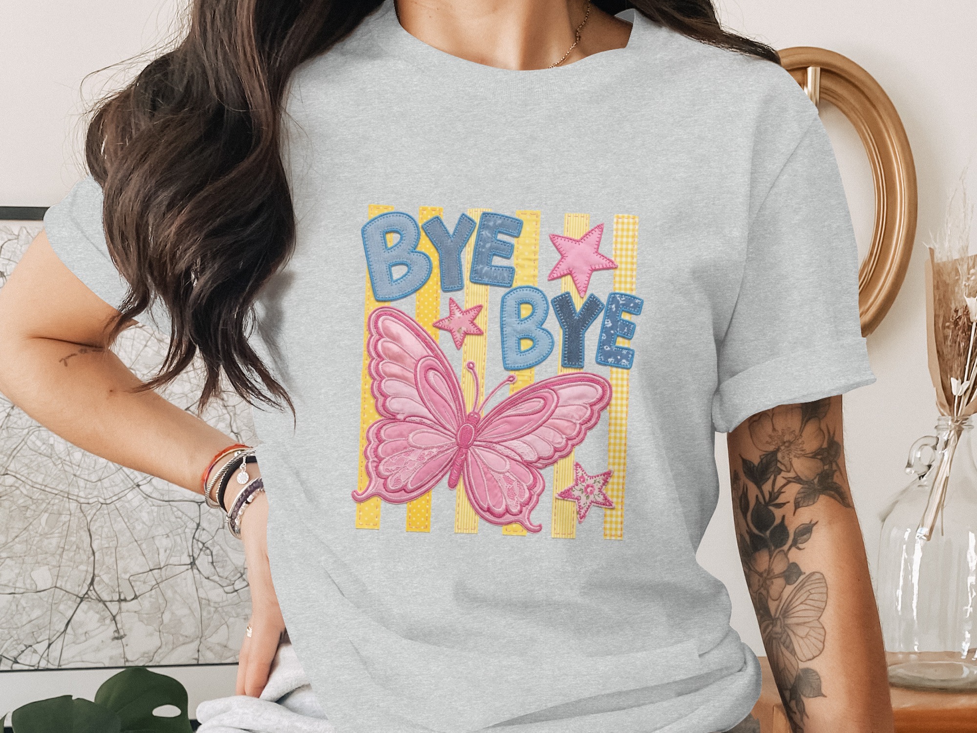 Bye Bye Butterfly T-Shirt, Whimsical Stitched Effect Appliqué Tee, Playful Kidcore Aesthetic Stars Top, Cute Y2K Style Gift - Image 2