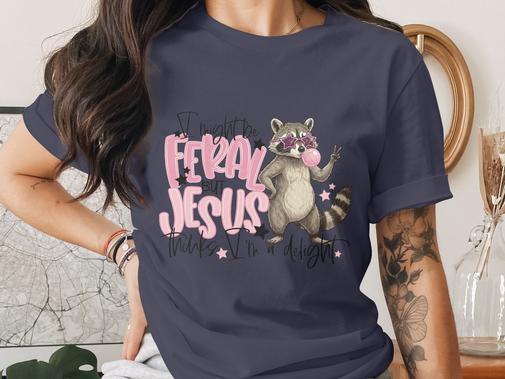 Feral Jesus Delight T-Shirt, Raccoon Graphic Tee, Funny Christian Shirt, Sarcastic Faith Top, Wild Girl Gift, Cute Animal Lover Tee, Quirky - Image 3