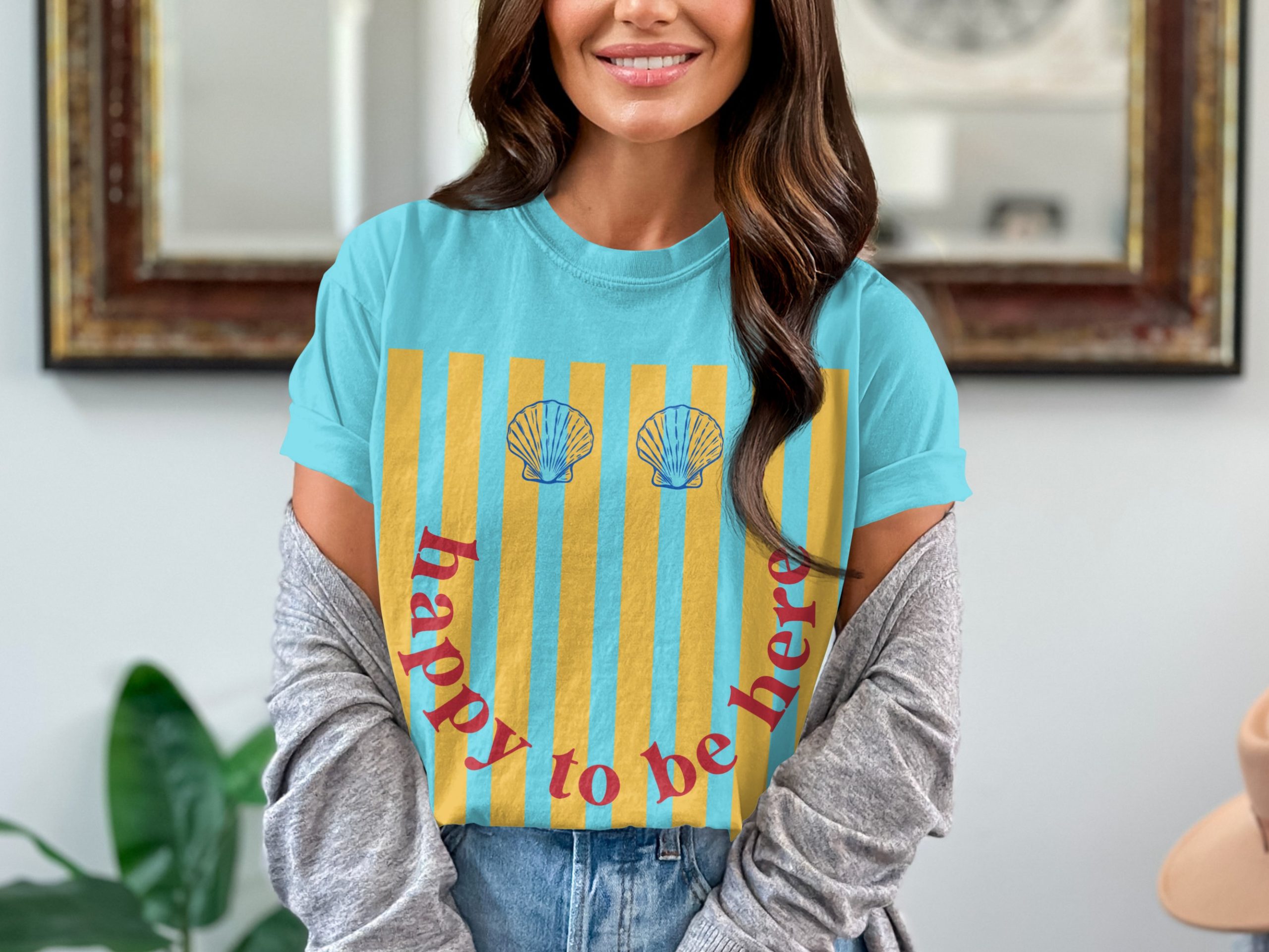 Happy To Be Here T-Shirt, Retro Smiley Face Beach Tee, Seashell Stripe Summer Vacation Shirt, Positive Vibes Graphic Top - Image 7