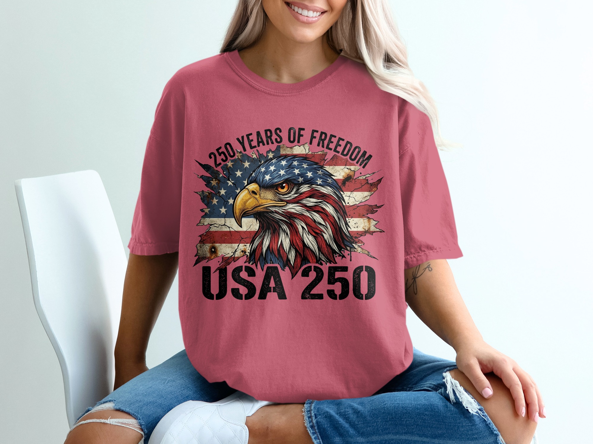 Patriotic American Eagle T-Shirt, USA 250 Years of Freedom Flag Tee, Distressed Heritage Commemorative Independence Day Shirt - Image 15