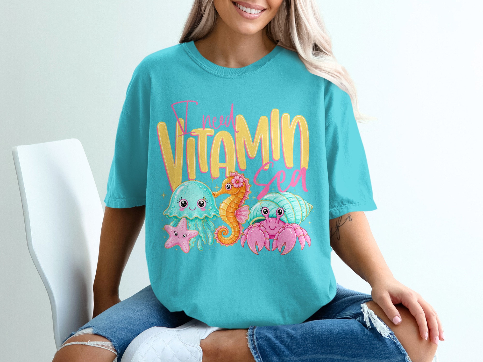 Vitamin Sea T-Shirt, Cute Ocean Lover Tee, Kawaii Beach Vacation Shirt, Faux Glitter Sea Creature Top, Summer Vibes Gift for Her - Image 9