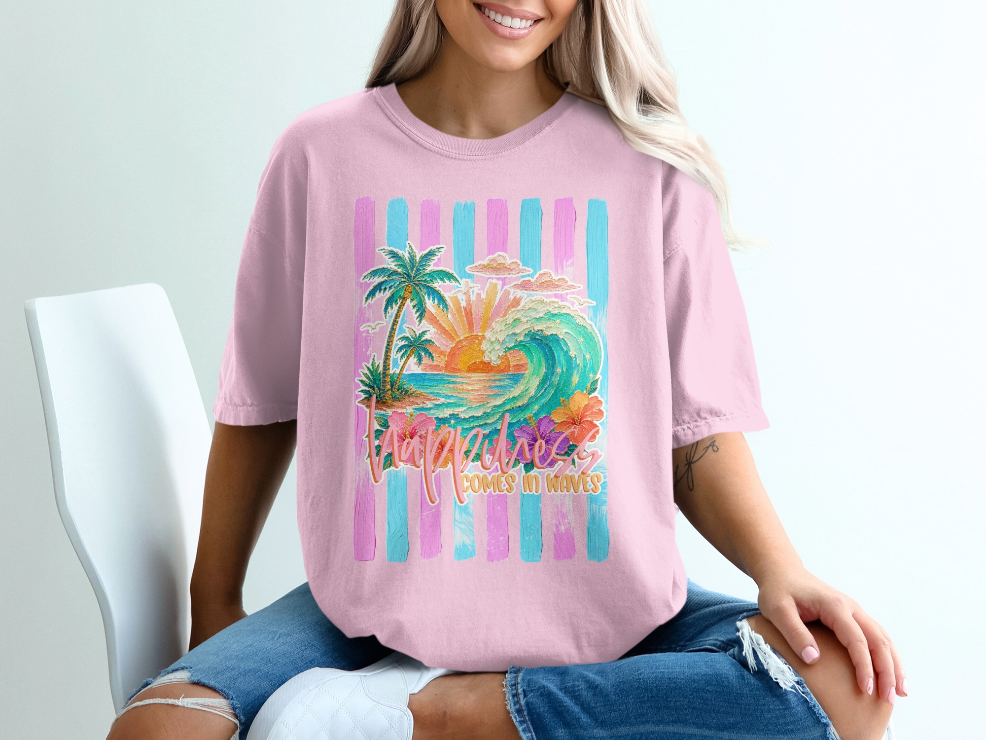 Comfort Colors ® Happiness Comes in Waves T-Shirt, Tropical Sunset Beach Wave Graphic Tee, Vacation Shirt, Ocean Lover Gift for Her, Summer - Image 17