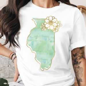 Illinois Watercolor Floral T-Shirt, State Outline Tee with Faux Gold Flower Design, Midwest Pride Gift for Her
