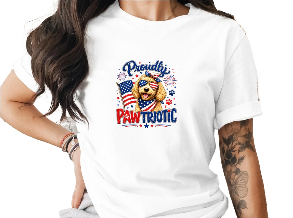 Comfort Colors® Proudly Pawtriotic T-Shirt, Patriotic Goldendoodle Dog Mom USA Flag Tee, 4th of July, Summer Dog Lover Gift
