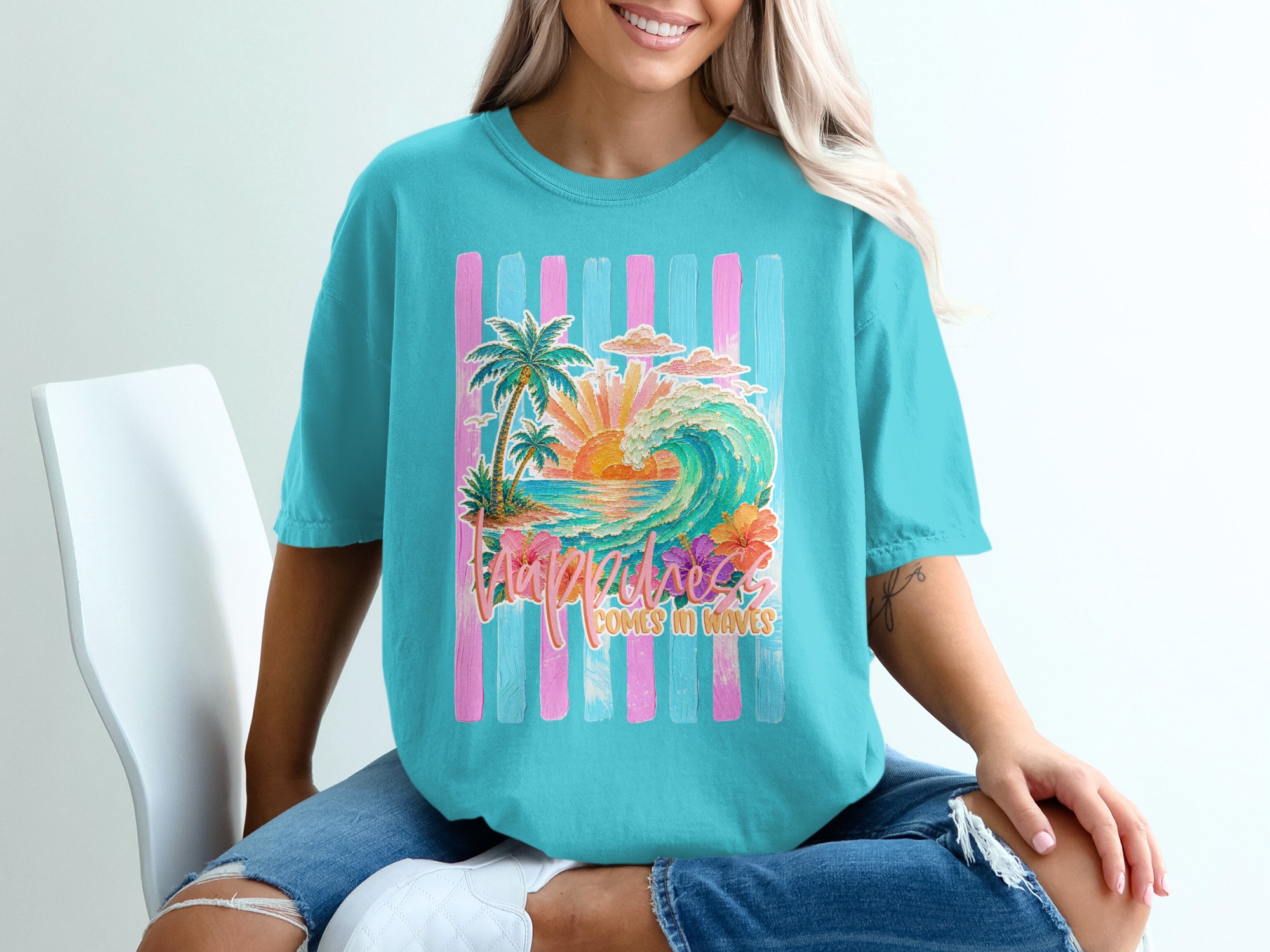 Comfort Colors ® Happiness Comes in Waves T-Shirt, Tropical Sunset Beach Wave Graphic Tee, Vacation Shirt, Ocean Lover Gift for Her, Summer - Image 9