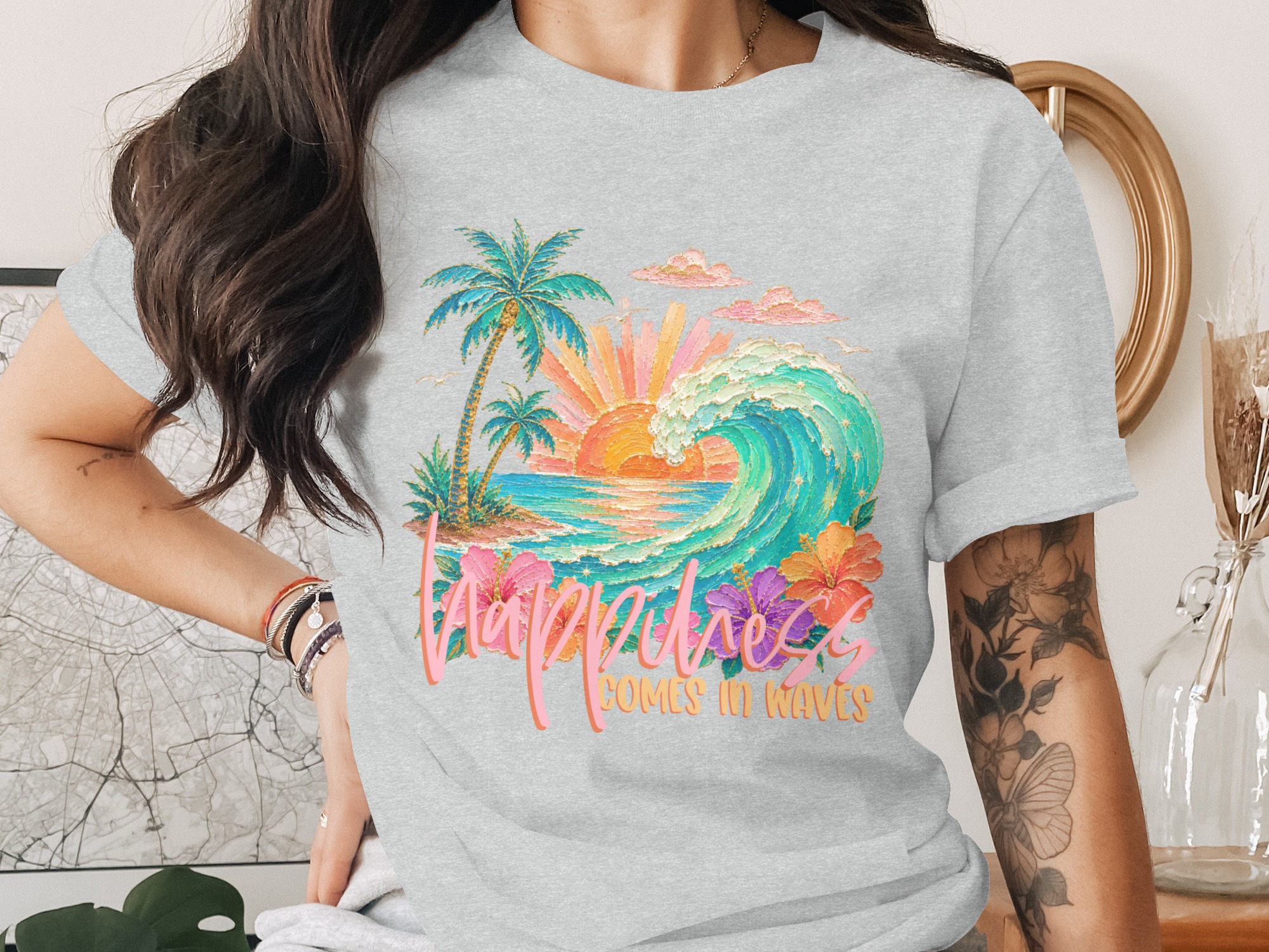 Happiness Comes in Waves T-Shirt, Tropical Beach Vacation Tee, Faux Glitter Print Ocean Wave Design, Palm Tree Sunset, Coastal Boho Summer - Image 2
