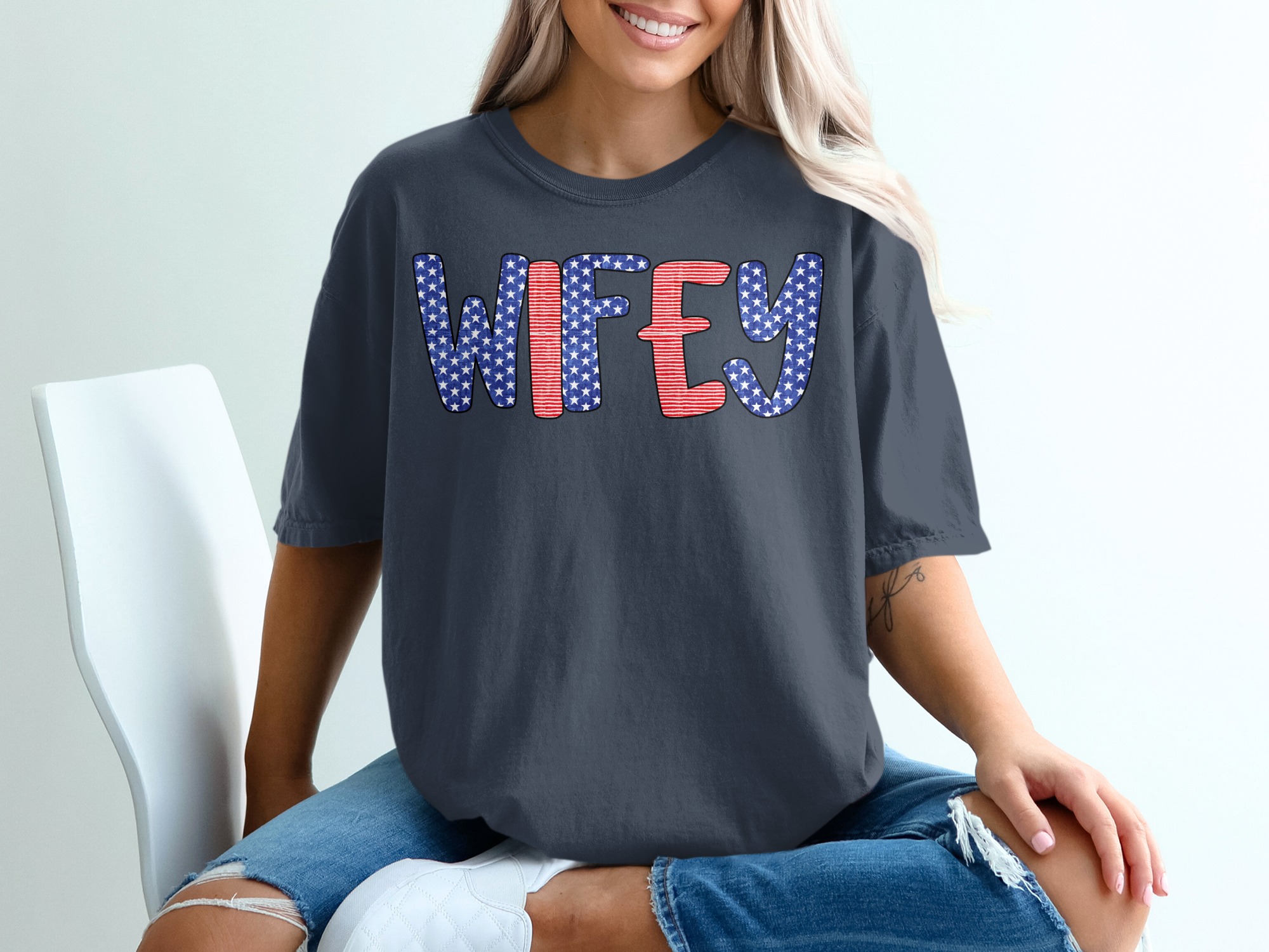 Patriotic Wifey T-Shirt, American Flag Wifey Shirt, Fourth of July Wife Tee, Military Spouse Gift, Engagement Gift, New Mrs. Country Style - Image 12