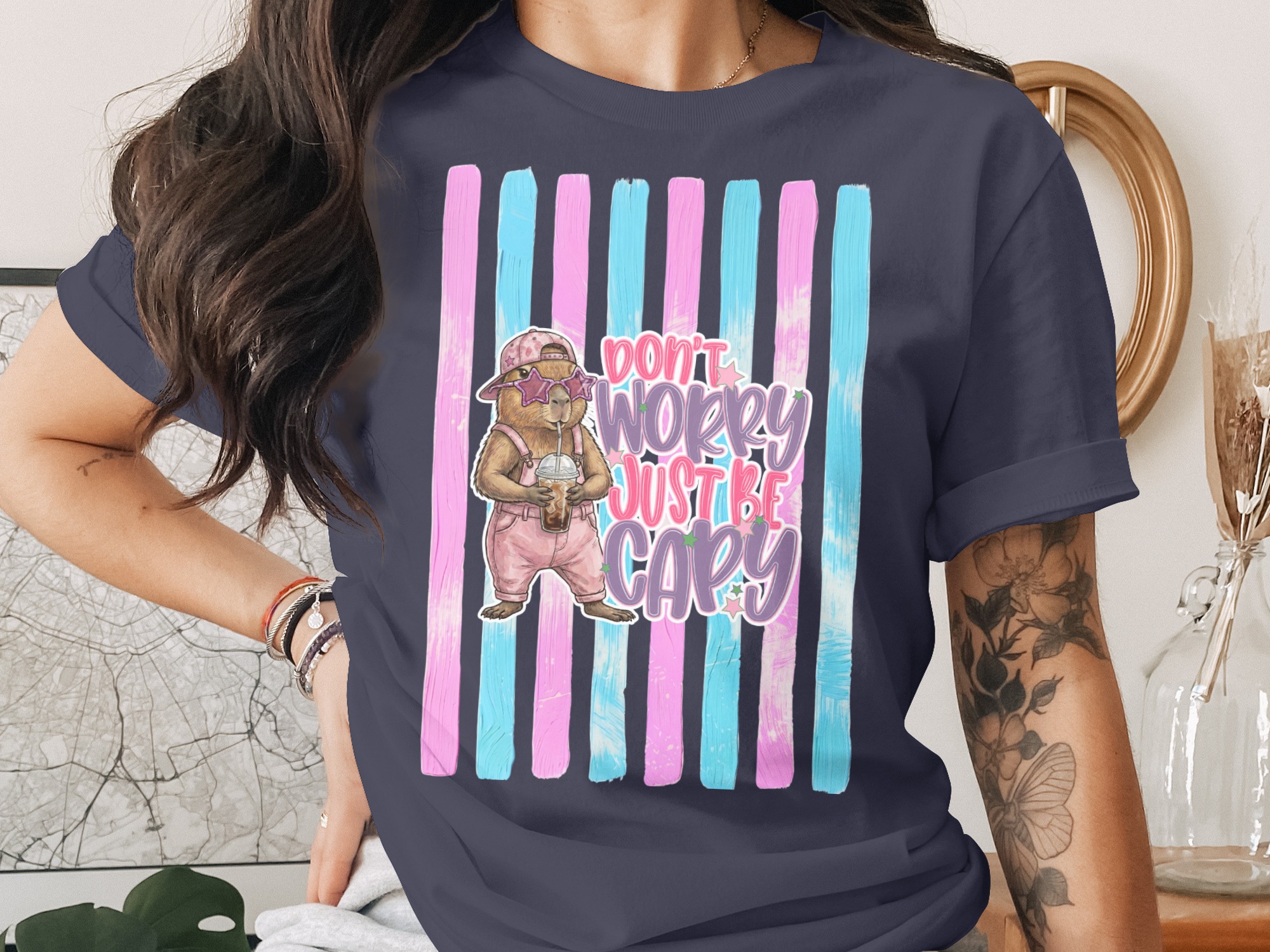 Comfort Colors ® Capybara T-Shirt, 'Don't Worry Just Be Capy' Cute Animal Lover Tee, Iced Coffee Capybara Shirt, Whimsical Pastel Gift Idea - Image 3