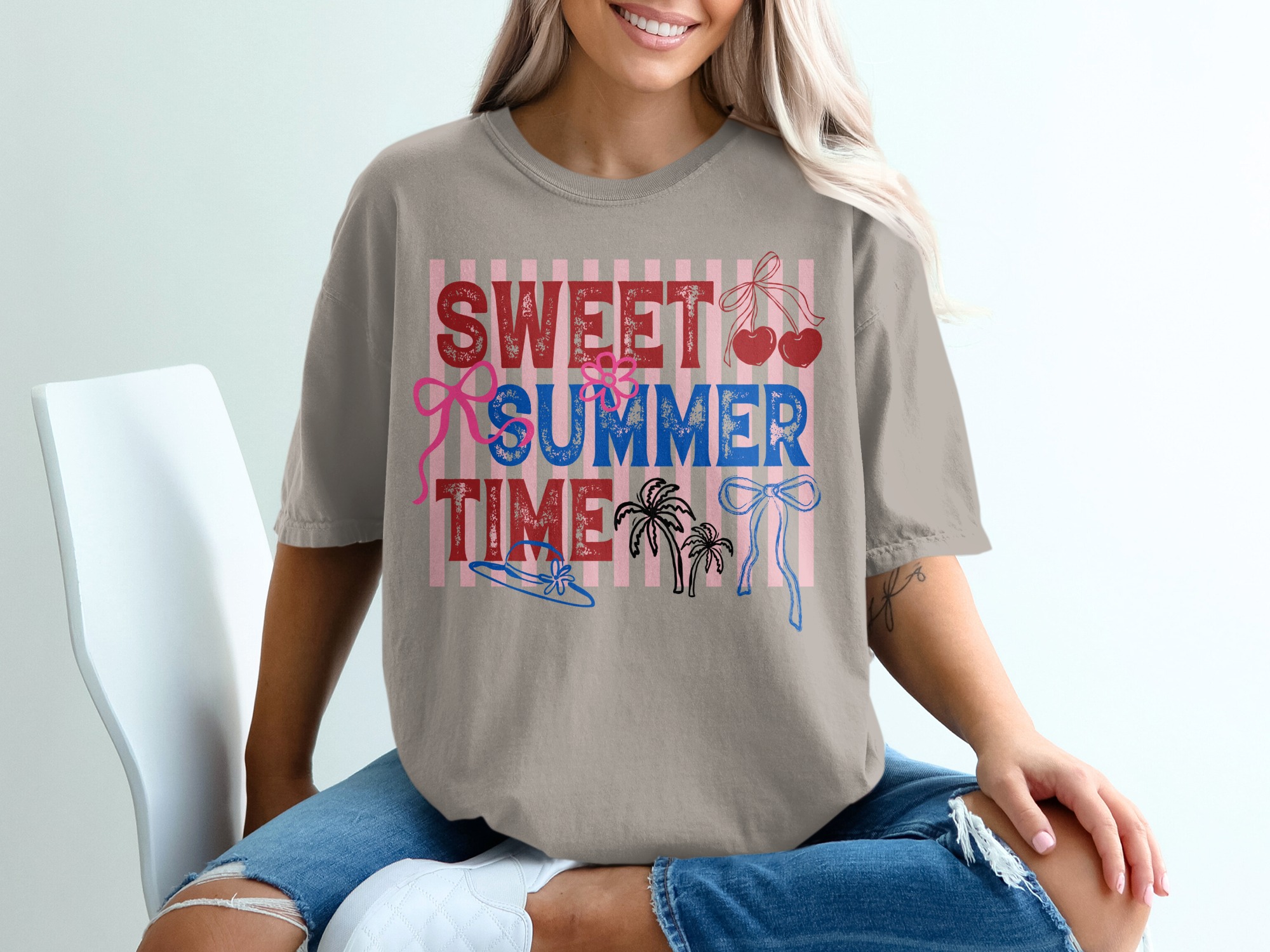 Sweet Summer Time T-Shirt, Retro Patriotic Summer Vibes Tee, Cherry Bow Palm Tree Shirt, Beach Vacation Outfit, Fourth of July Gift - Image 11