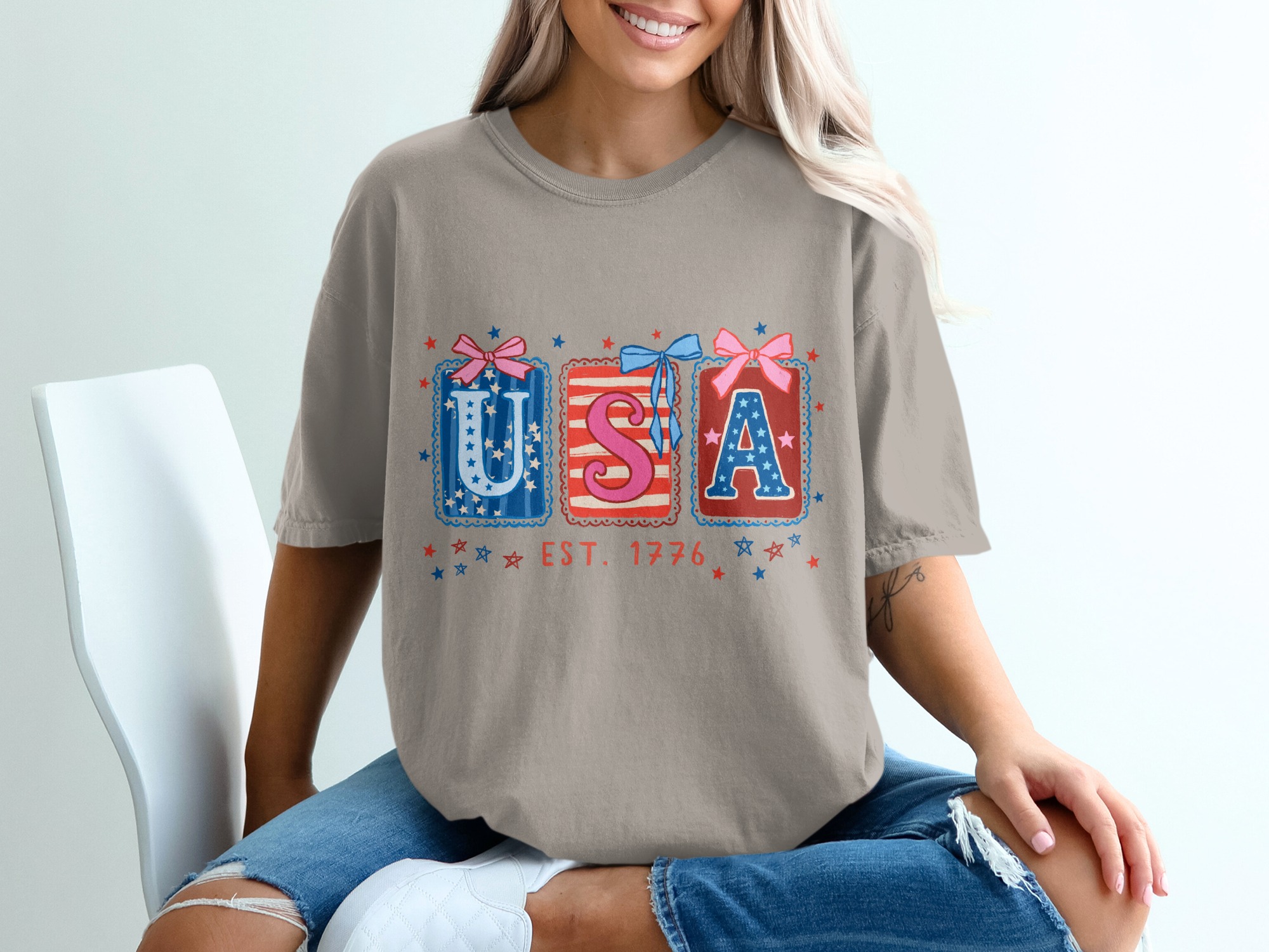 Patriotic USA Est 1776 T-Shirt, Whimsical Americana Tee, Fourth of July Top, Vintage Independence Day Shirt for Her, Cute Stars & Stripes - Image 11