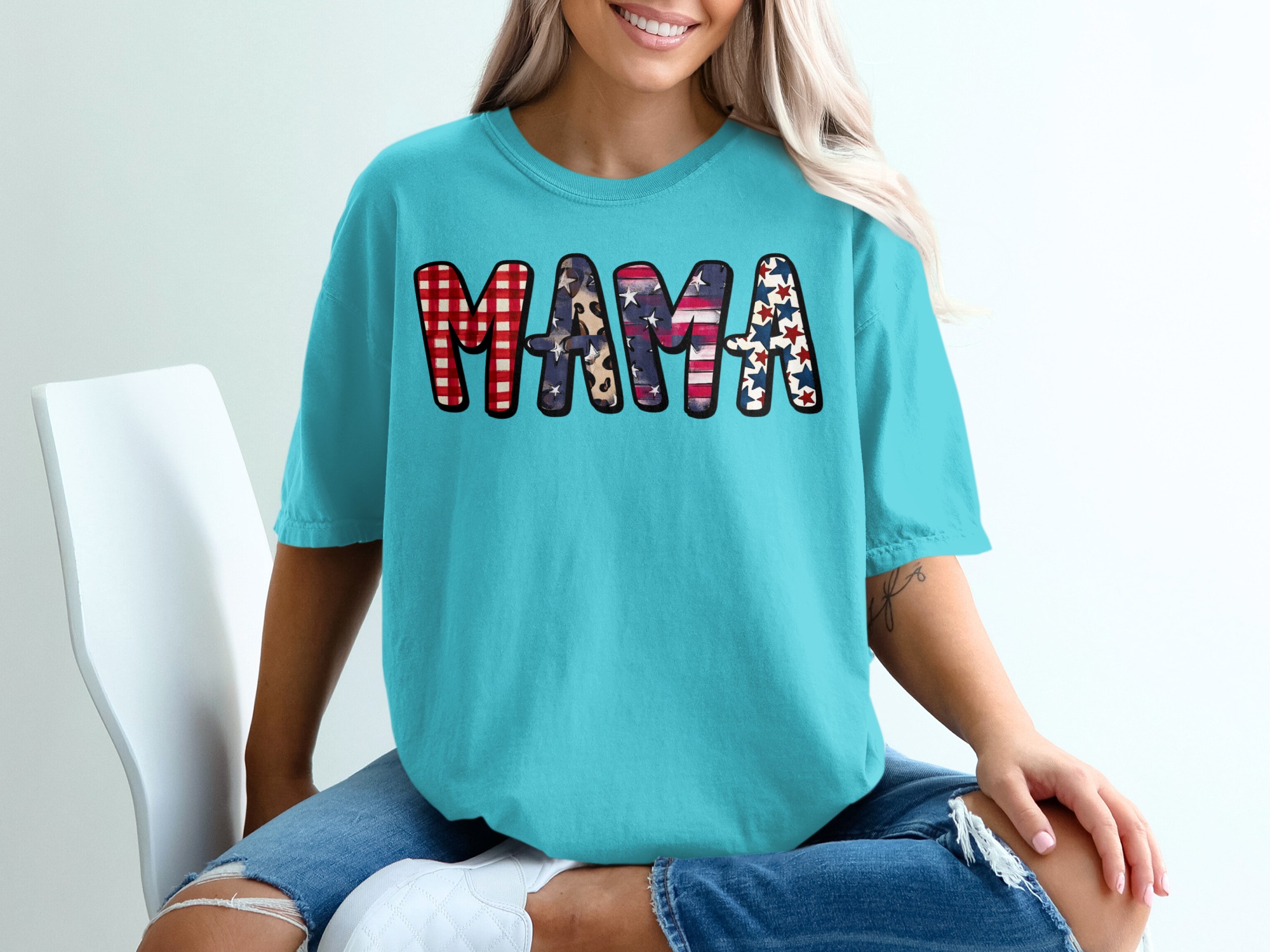 Patriotic Mama T-Shirt, American Flag Gingham Leopard Print Mom Life Tee, Distressed USA Stars Fourth of July Gift - Image 9