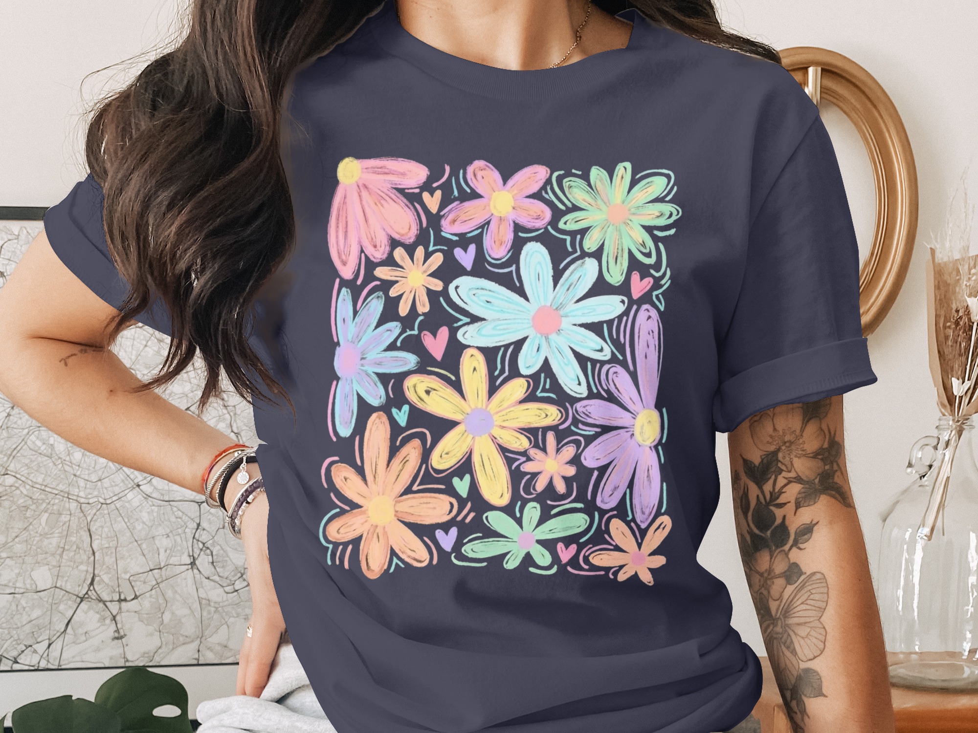 Comfort Colors® Pastel Floral T-Shirt, Whimsical Doodle Flower Tee, Soft Aesthetic Spring Summer Shirt, Happy Boho Gift for Her - Image 3