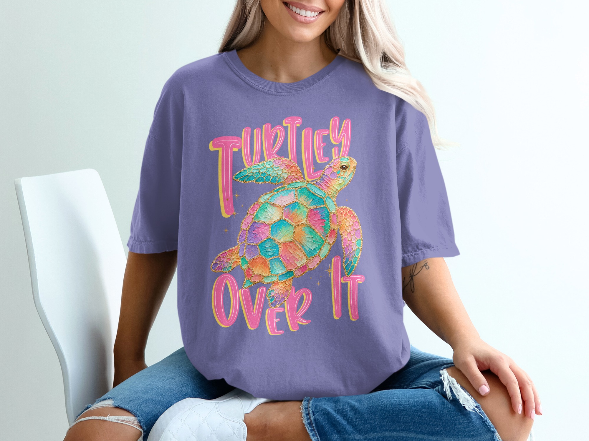 Turtley Over It T-Shirt, Faux Glitter Sea Turtle Tee, Sarcastic Beach Shirt, Colorful Ocean Lover Gift, Summer Vacation Top - Image 13