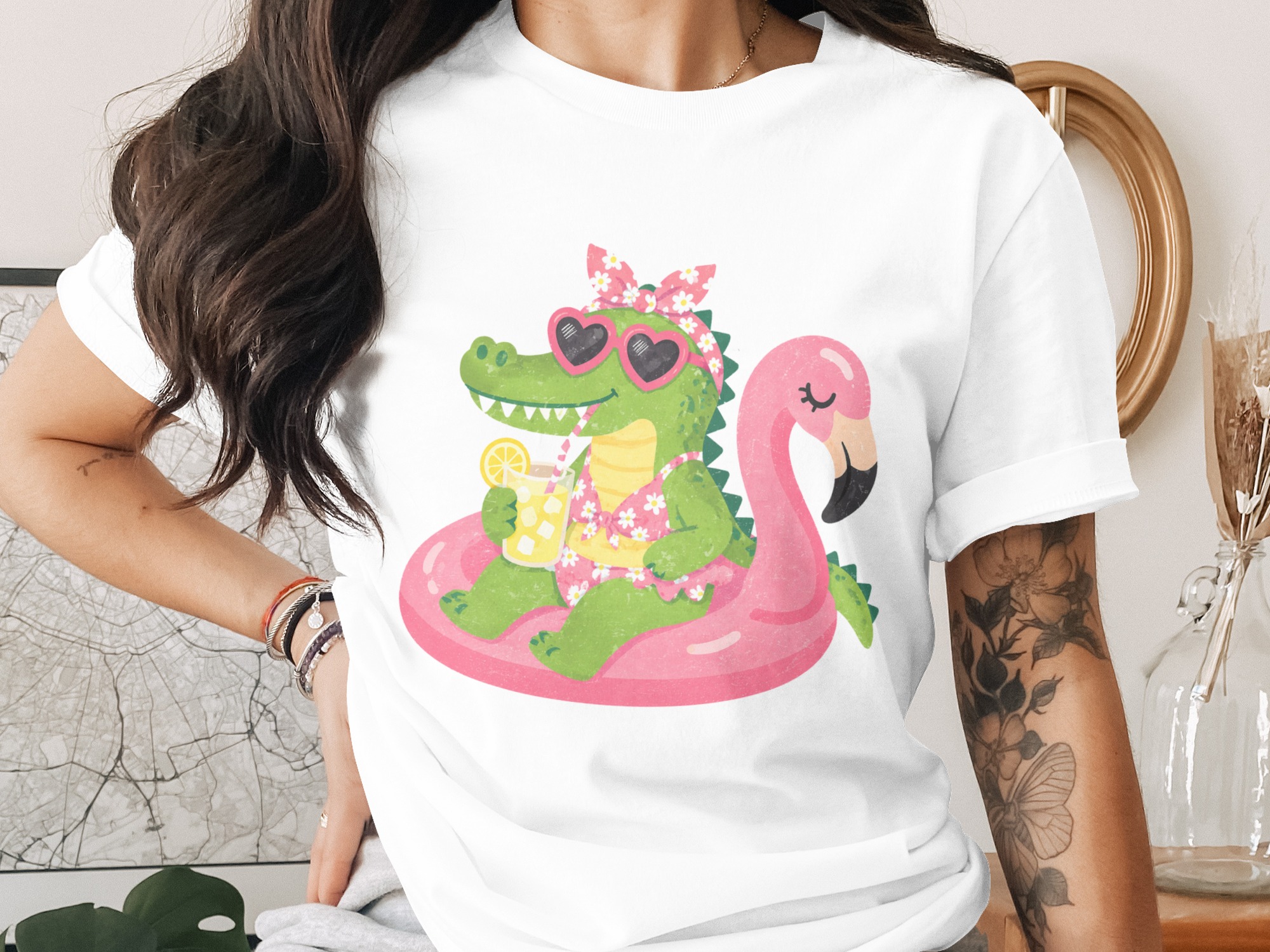 Relaxing Alligator Flamingo Float Summer T-Shirt