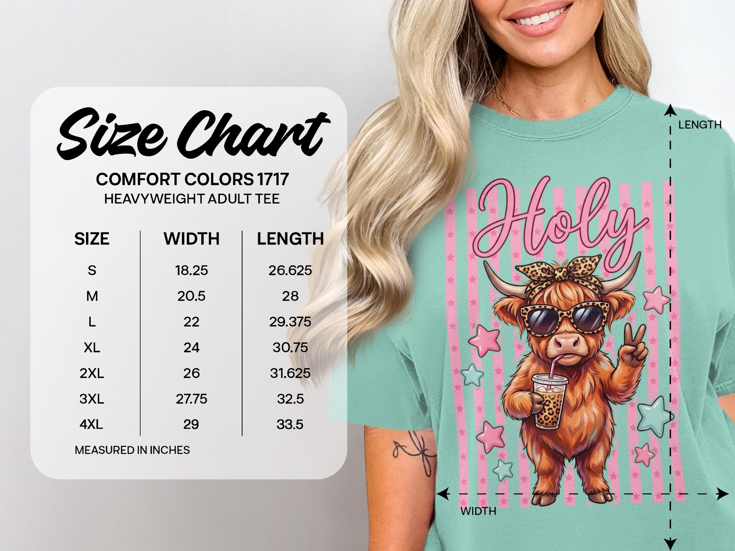 Holy Sassy Highland Cow Iced Coffee Comfort Colors ® T-Shirt, Leopard Print Bandana Peace Sign Fluffy Cow Tee, Trendy Farm Animal Shirt - Image 4