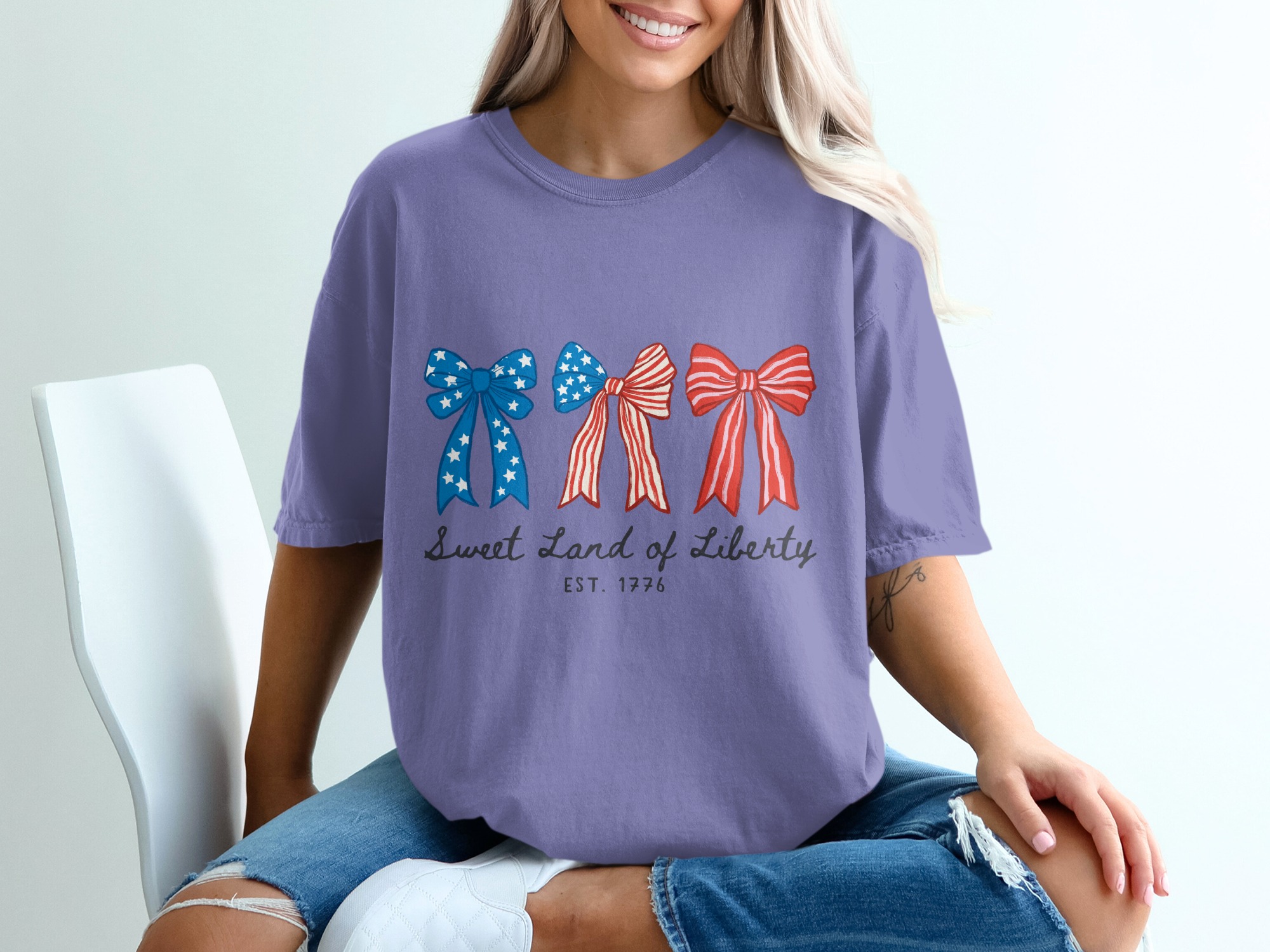 Patriotic Bows T-Shirt, Sweet Land of Liberty Shirt, 4th of July Tee, Distressed Americana Shirt, Vintage Style USA Top, Independence Day - Image 13